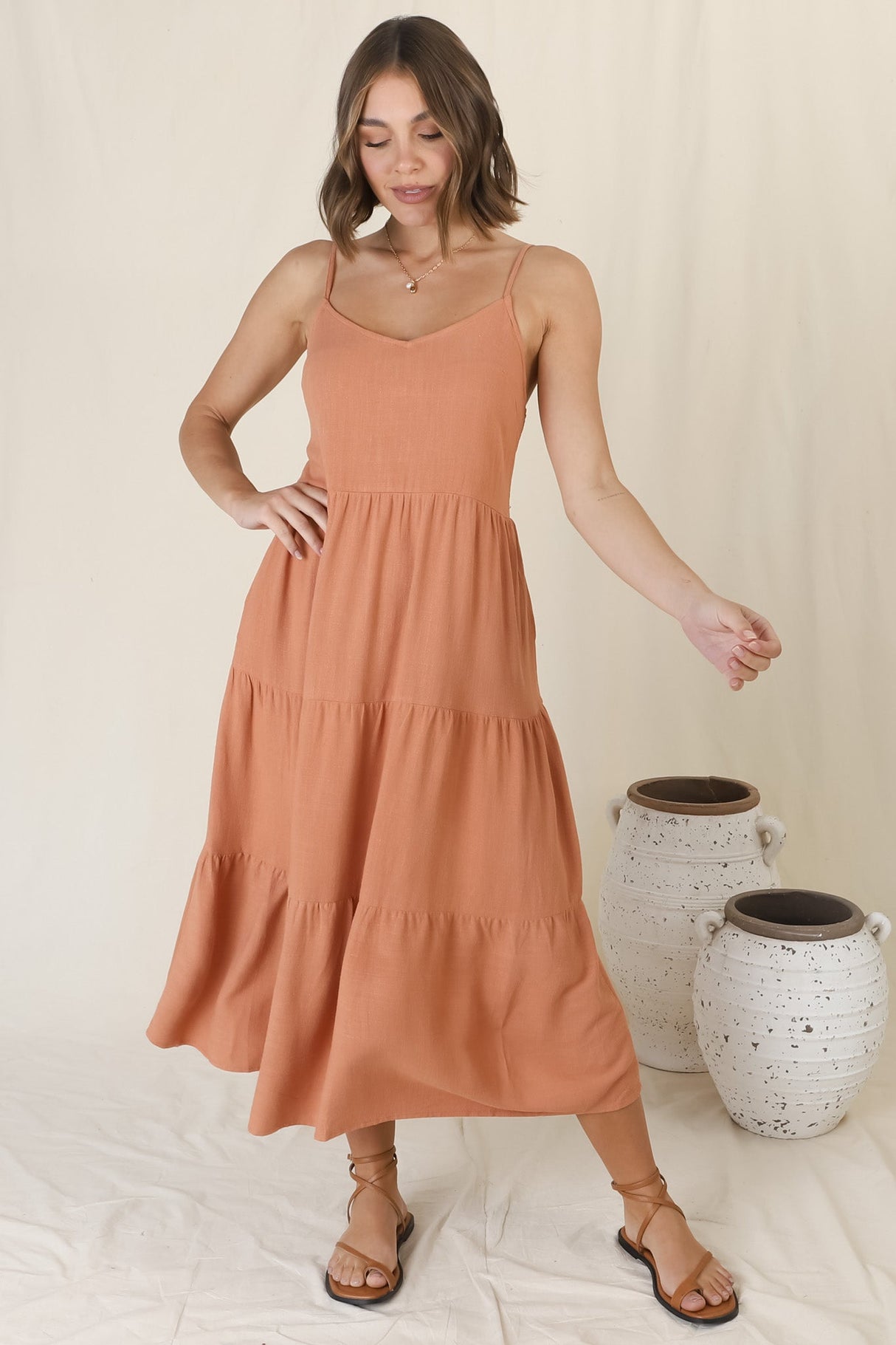 Arlowe Midi Dress - Soft V Neckline Tiered Linen Sun Dress in Rust