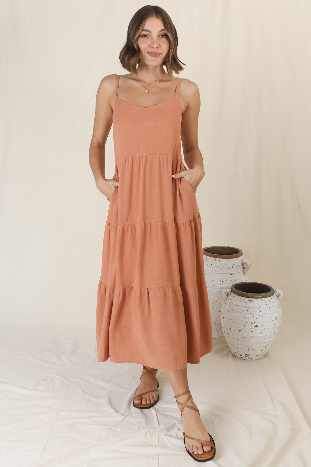 Arlowe Midi Dress - Soft V Neckline Tiered Linen Sun Dress in Rust