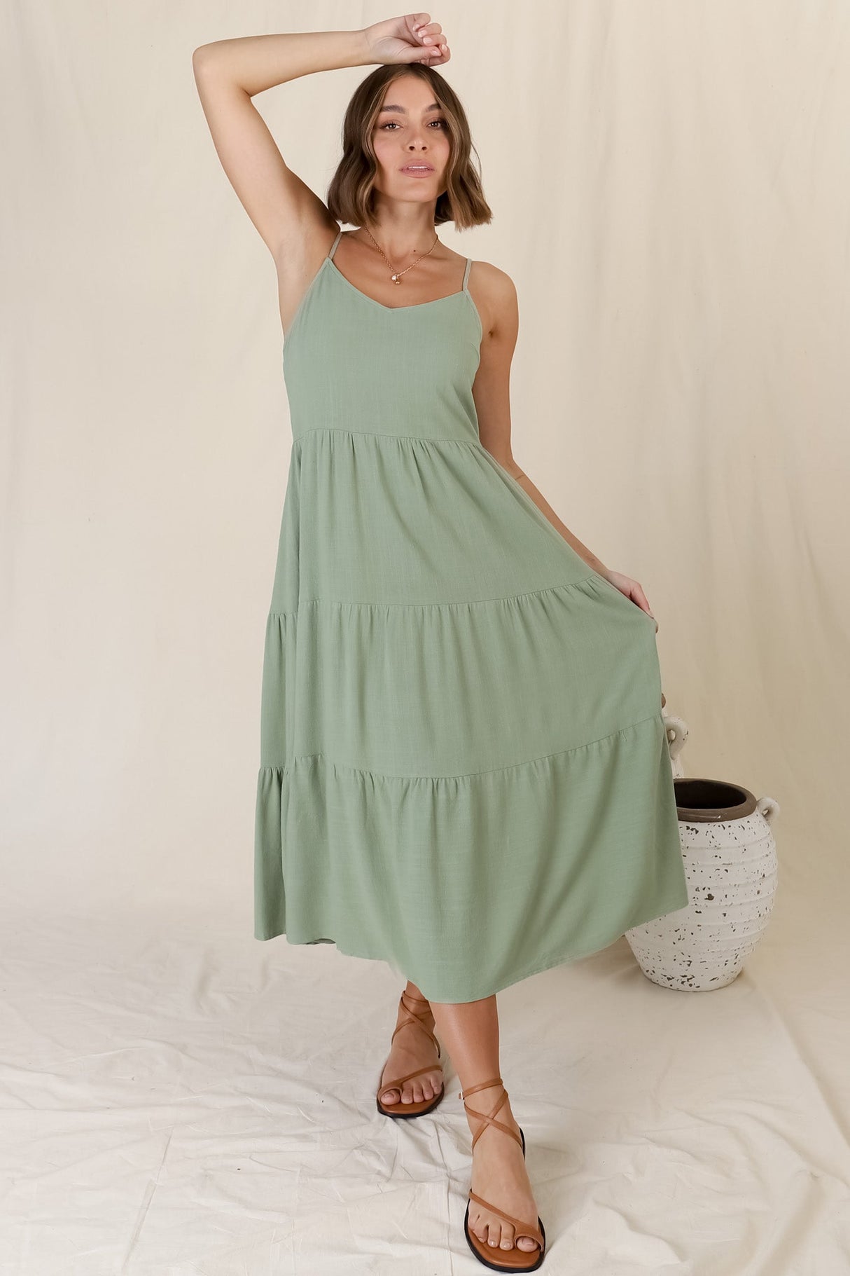 Arlowe Midi Dress - Soft V Neckline Tiered Linen Sun Dress in Sage