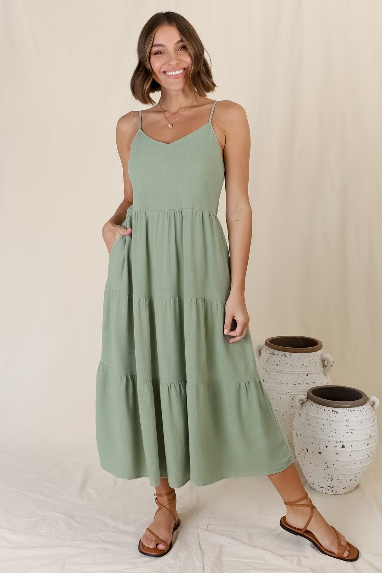 Arlowe Midi Dress - Soft V Neckline Tiered Linen Sun Dress in Sage