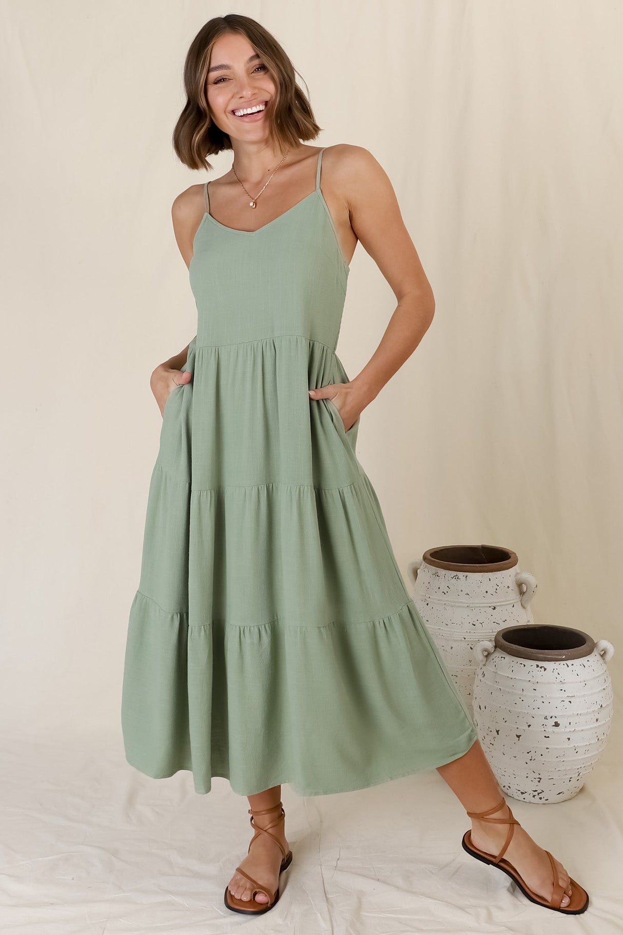 Arlowe Midi Dress - Soft V Neckline Tiered Linen Sun Dress in Sage
