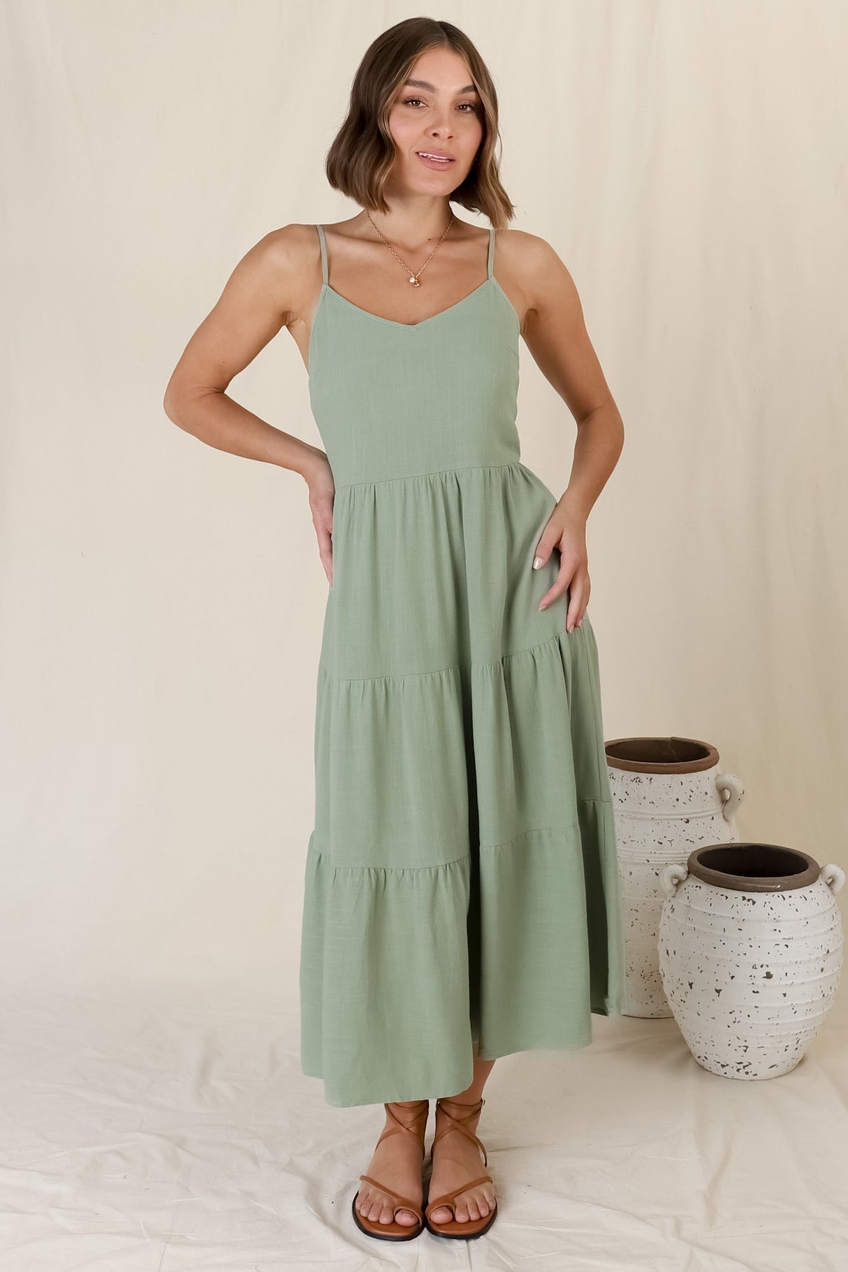 Arlowe Midi Dress - Soft V Neckline Tiered Linen Sun Dress in Sage