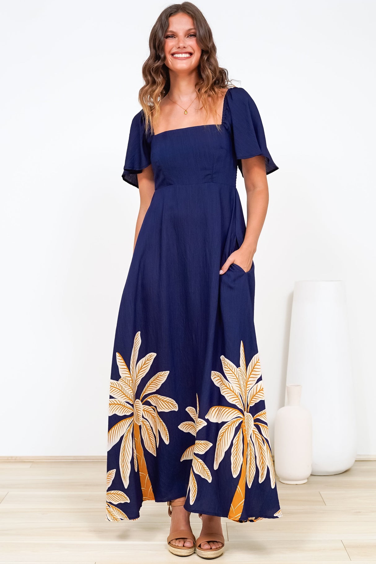 Ashby Maxi Dress - On or Off Shoulder A-Line Dress with Pockets in Raphael Print