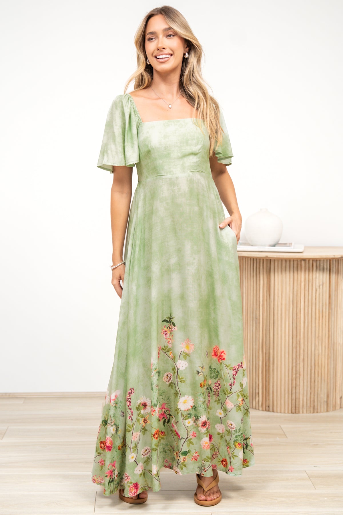 Ashby Maxi Dress - On or Off Shoulder A-Line Dress with Pockets in Ferngully Print