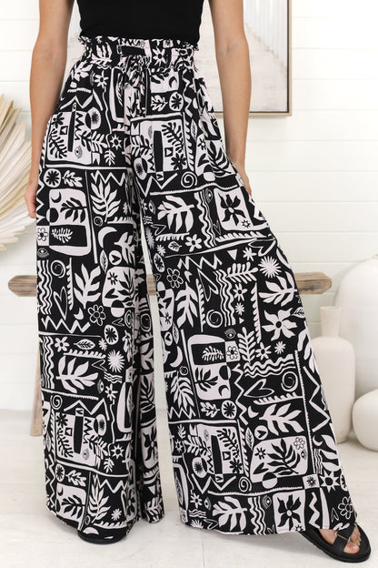 Ashora Pants - Paper Bag High Waisted Wide Leg Pants with Graphic Print