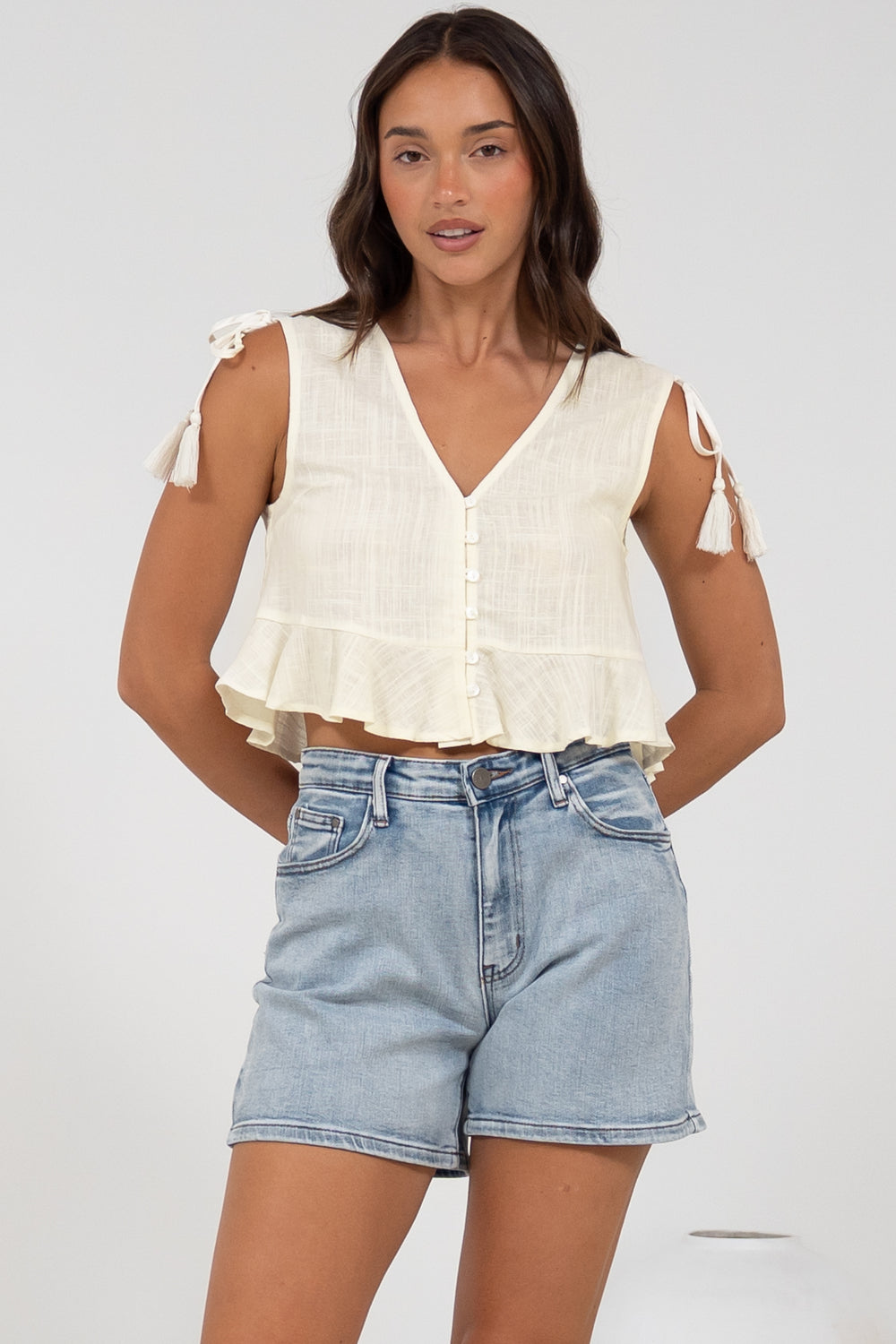 Ashtann Top - V-Neck Buttoned Down Top with Peplum Hem in White