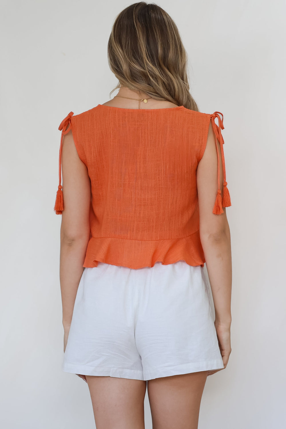 Ashtann Top - V-Neck Buttoned Down Top with Peplum Hem in Orange