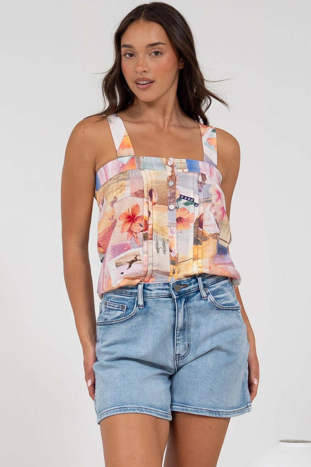 Aspa Top - Thick Adjustable Strap Button Front Crop in Ailani Print