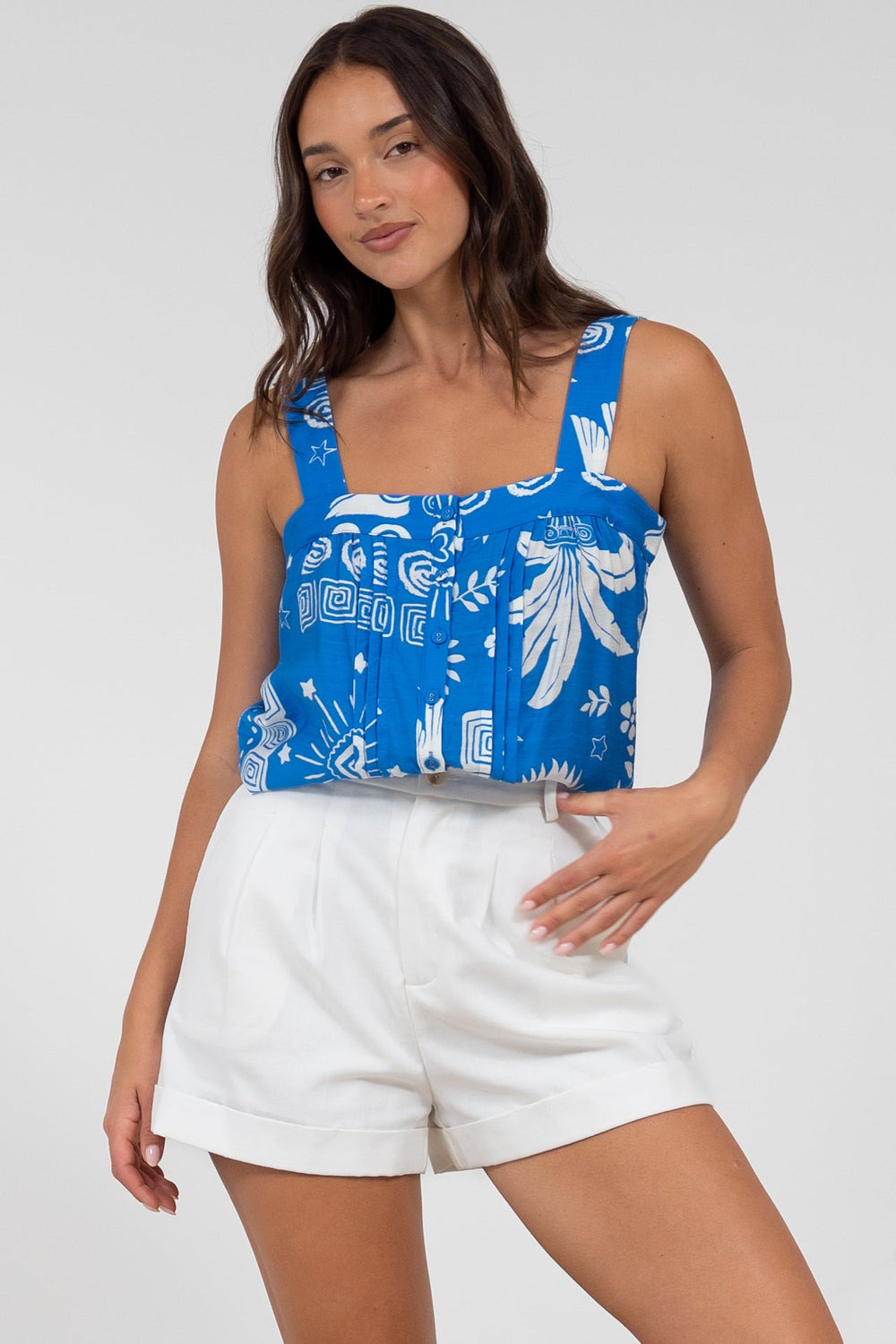 Aspa Top - Thick Adjustable Strap Button Front Crop in Aurie Print