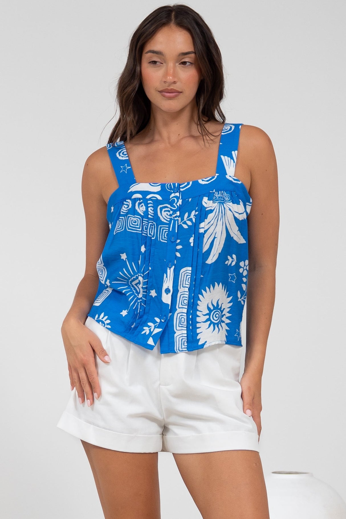 Aspa Top - Thick Adjustable Strap Button Front Crop in Aurie Print