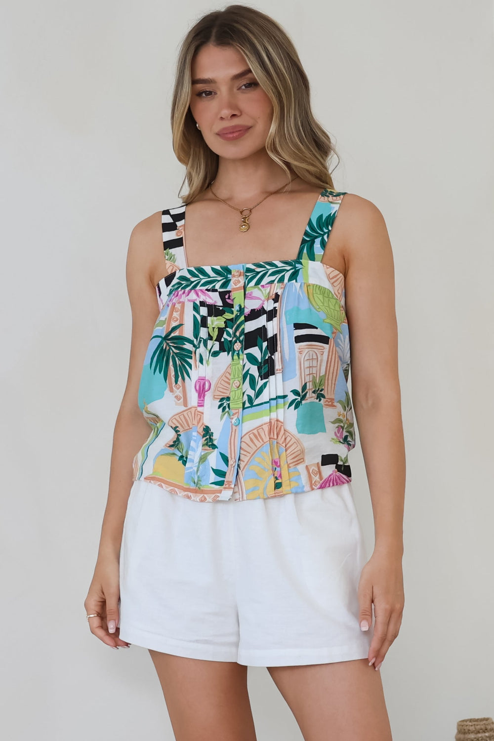 Aspa Top - Thick Adjustable Strap Button Front Crop in Melora Print