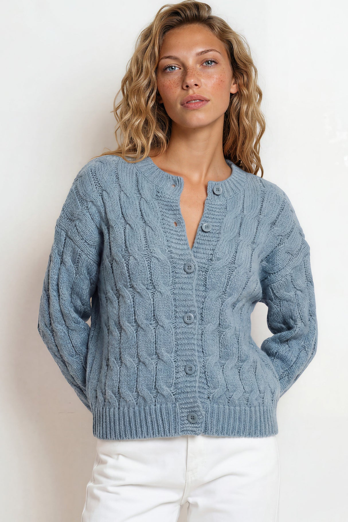 Model wearing Aspen Cardigan in Blue from Salty Crush
