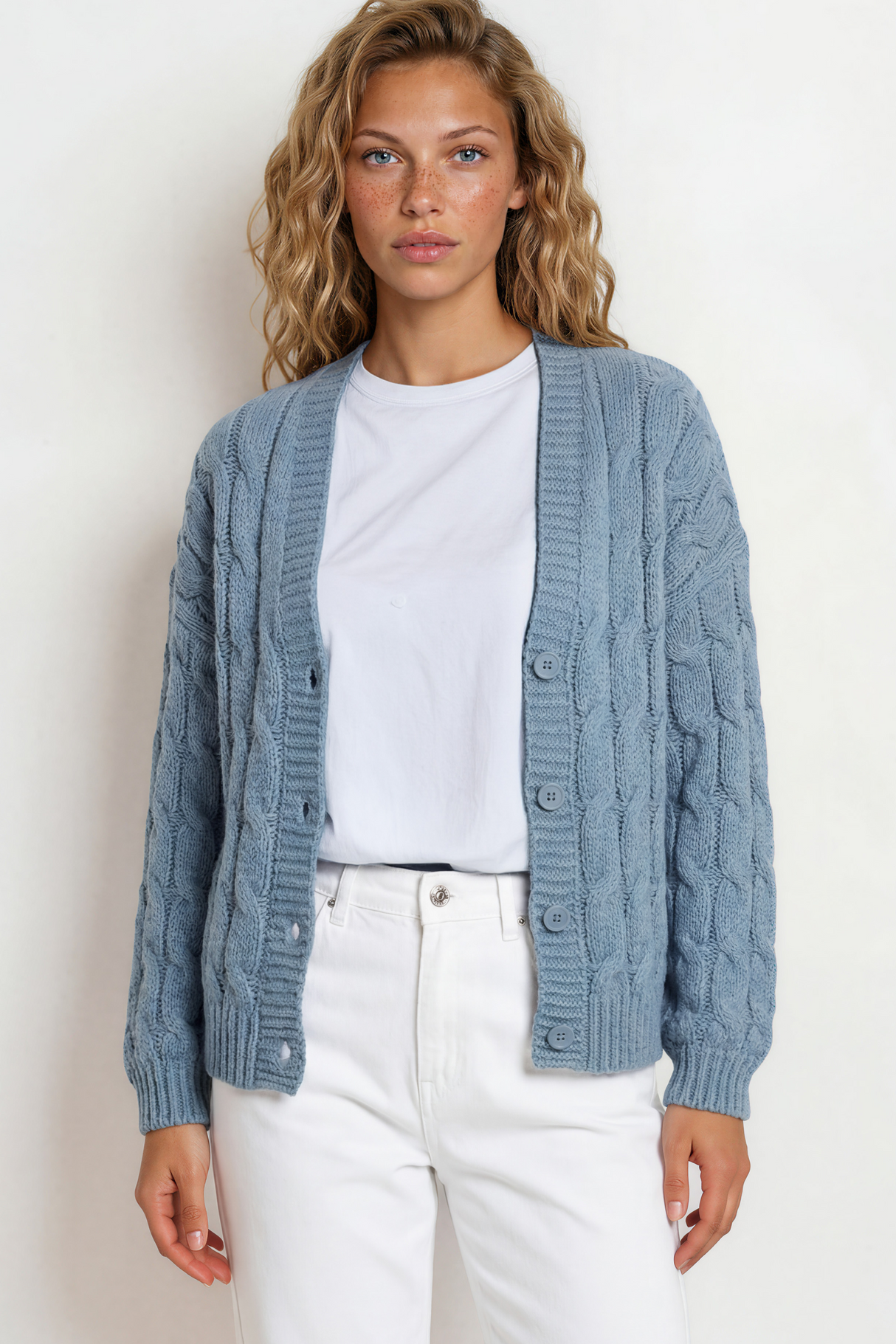 Model wearing Aspen Cardigan in Blue from Salty Crush