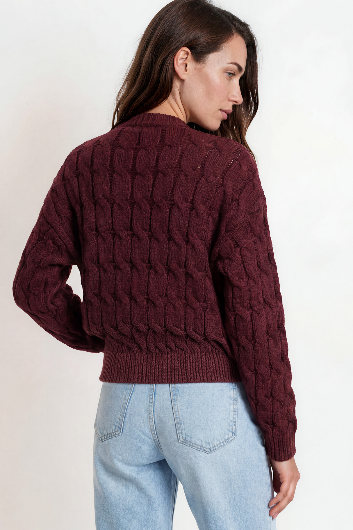 Model wearing Aspen Cardigan in Wine from Salty Crush
