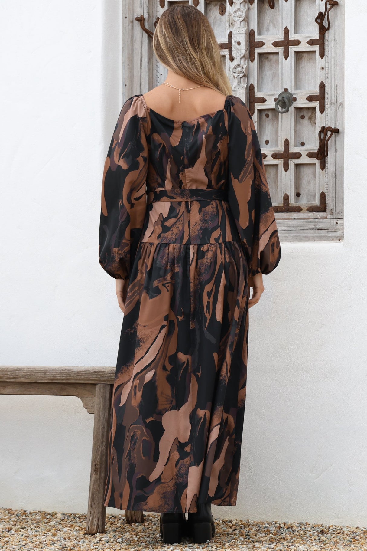 Athena Maxi Dress - On or Off Shoulder A-Line Dress with Matching Belt in Chelsea Print Brown