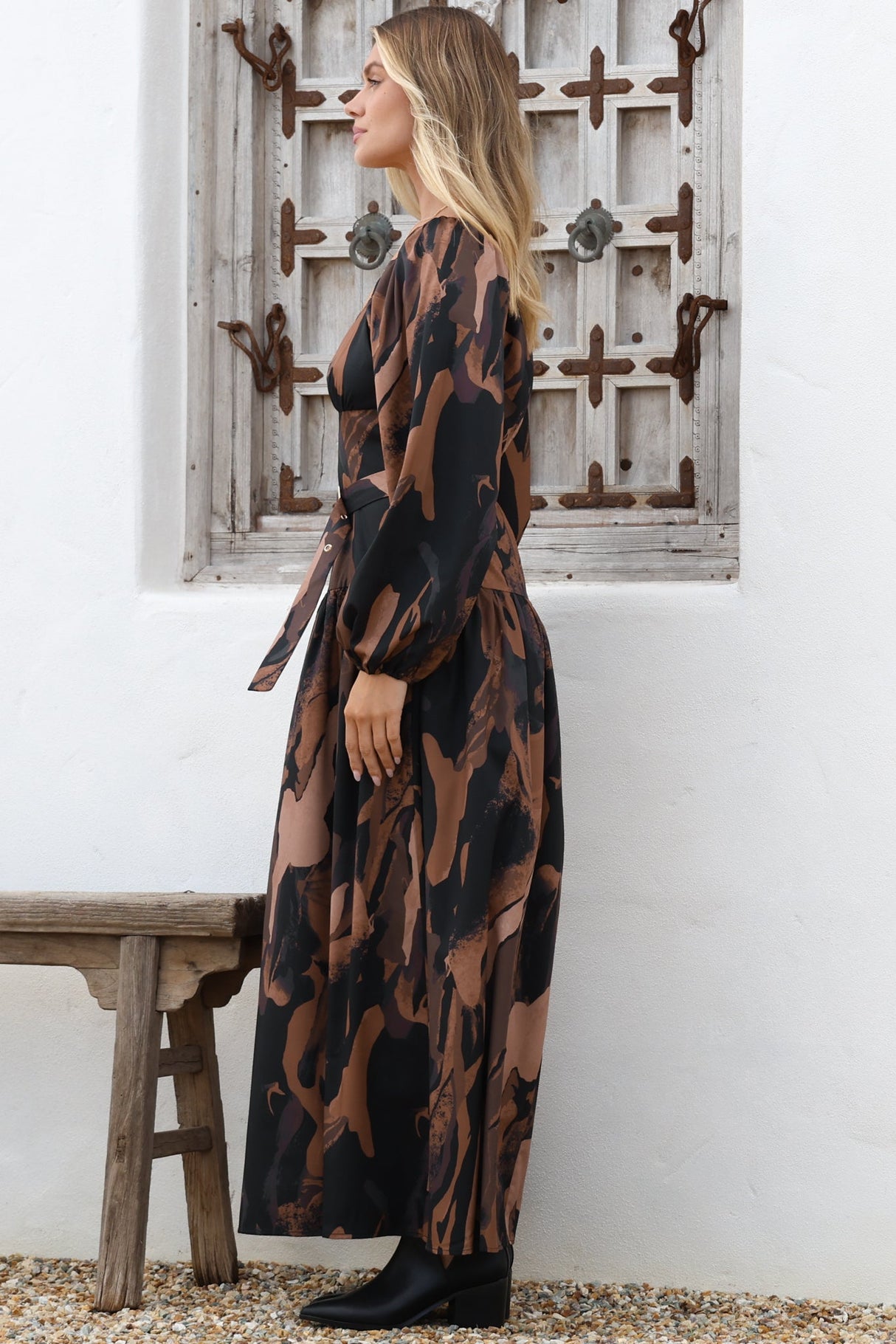 Athena Maxi Dress - On or Off Shoulder A-Line Dress with Matching Belt in Chelsea Print Brown