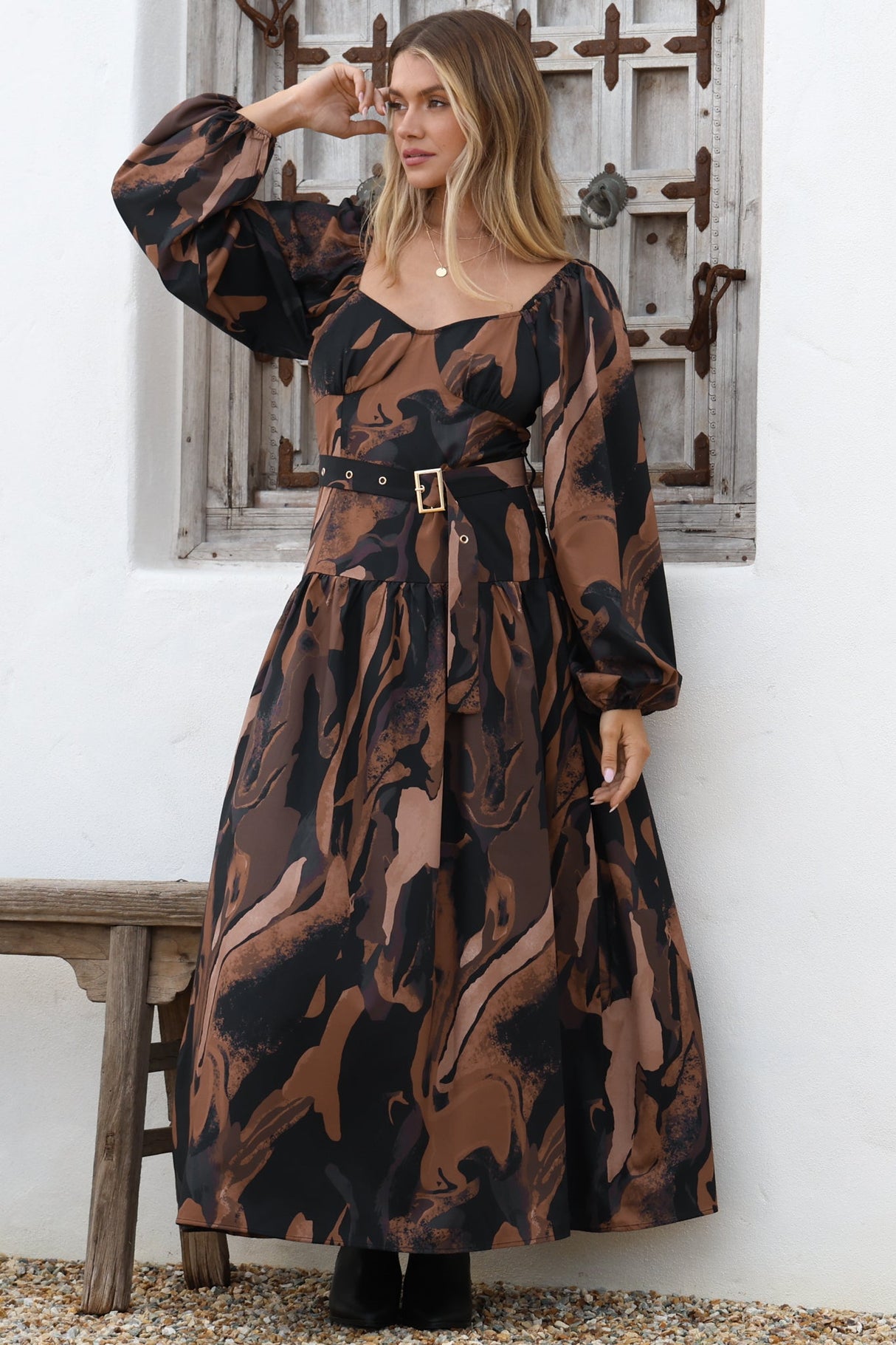 Athena Maxi Dress - On or Off Shoulder A-Line Dress with Matching Belt in Chelsea Print Brown