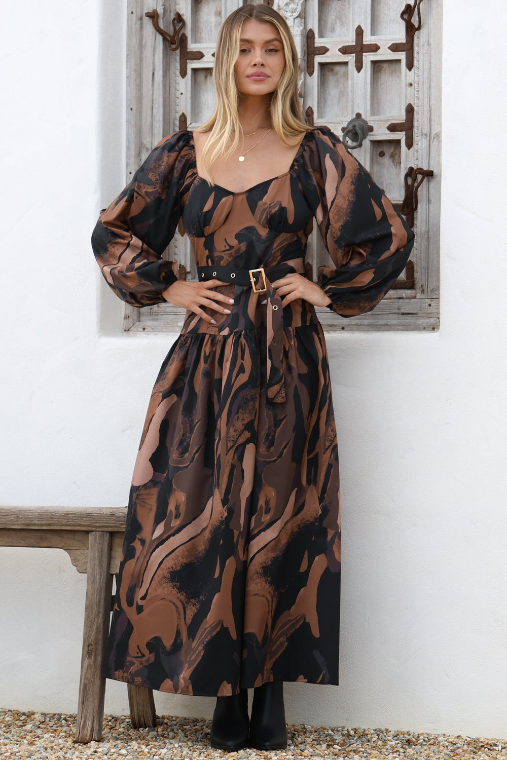 Athena Maxi Dress - On or Off Shoulder A-Line Dress with Matching Belt in Chelsea Print Brown