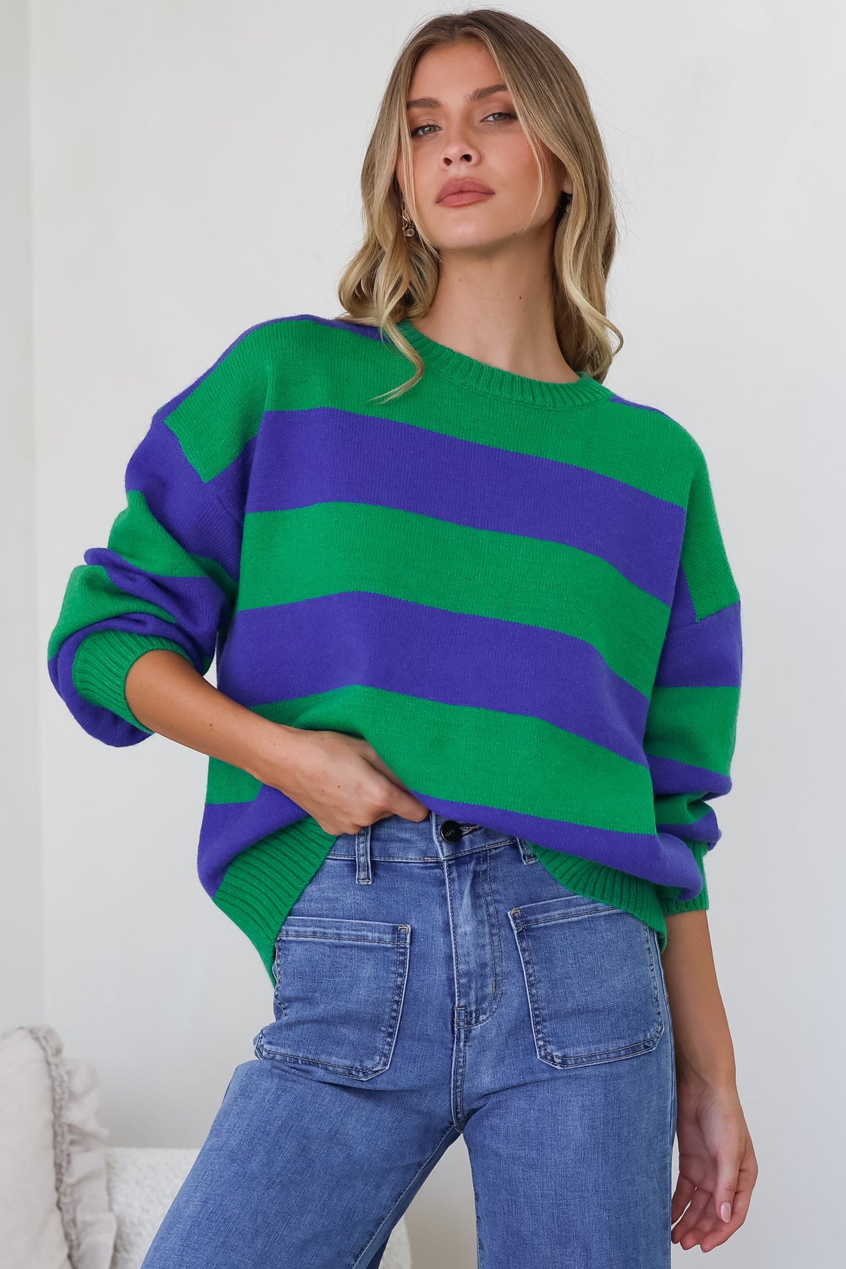 Atlantic Jumper - Crew Neck Relaxed Stripe Knit with Ribbed Hemlines in Green