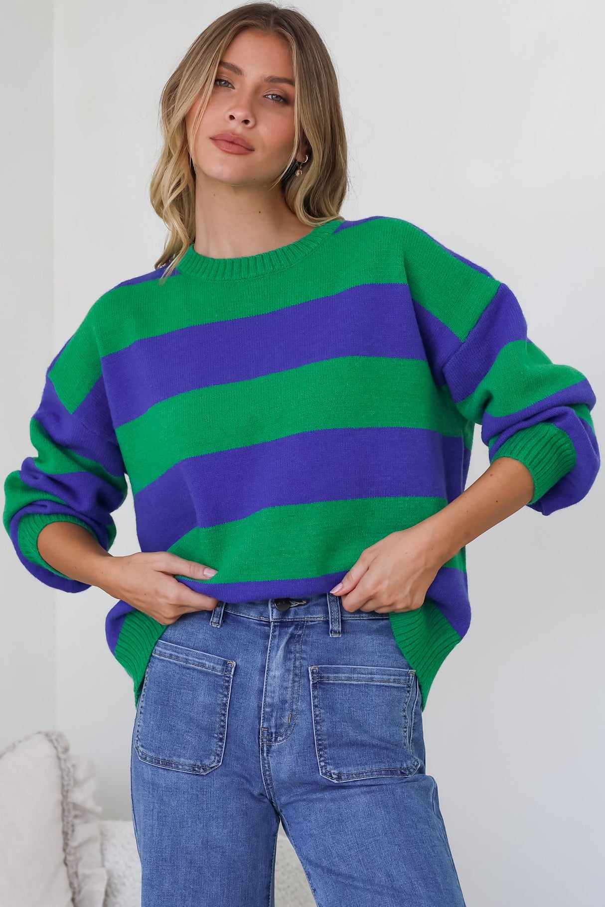 Atlantic Jumper - Crew Neck Relaxed Stripe Knit with Ribbed Hemlines in Green