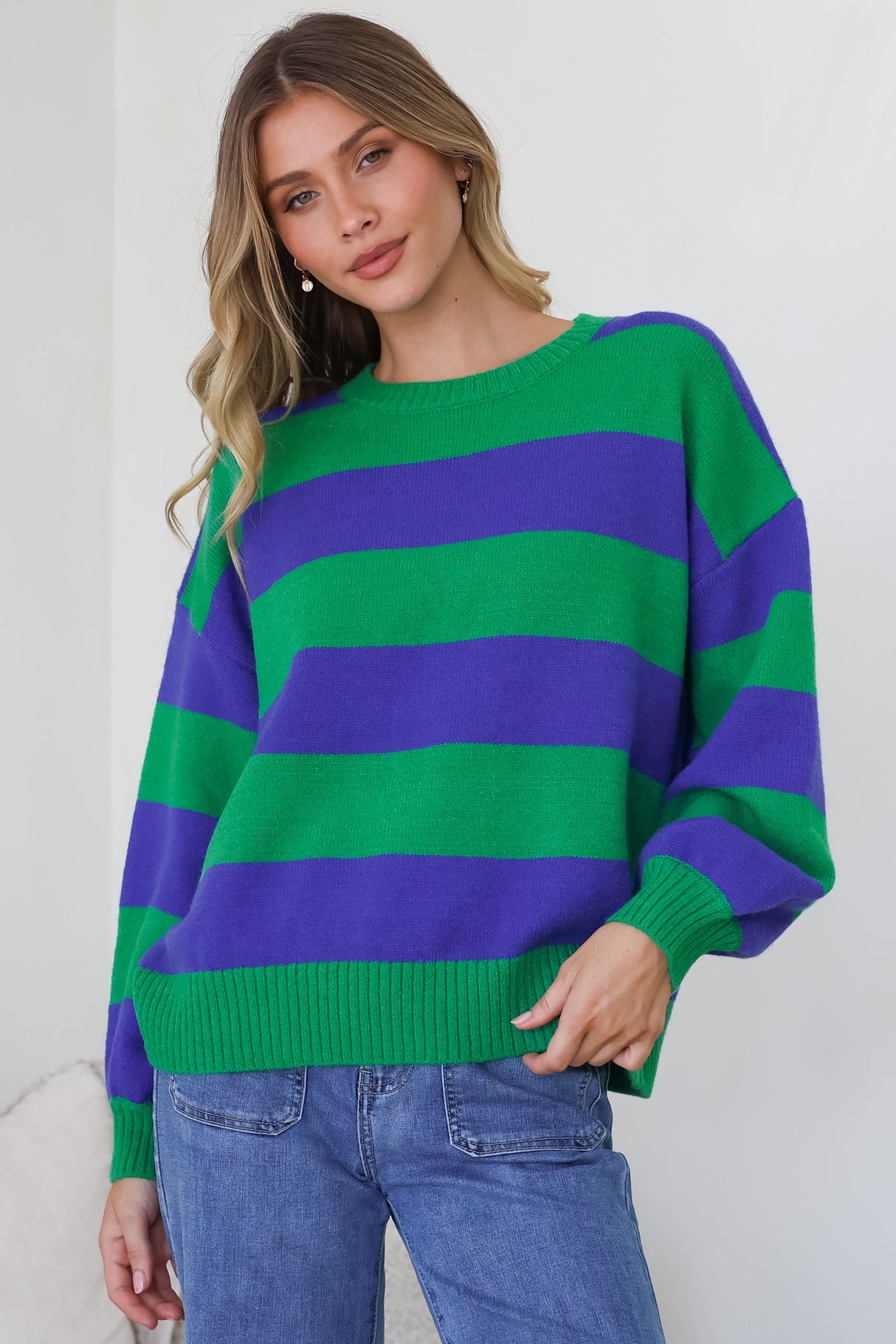 Atlantic Jumper - Crew Neck Relaxed Stripe Knit with Ribbed Hemlines in Green