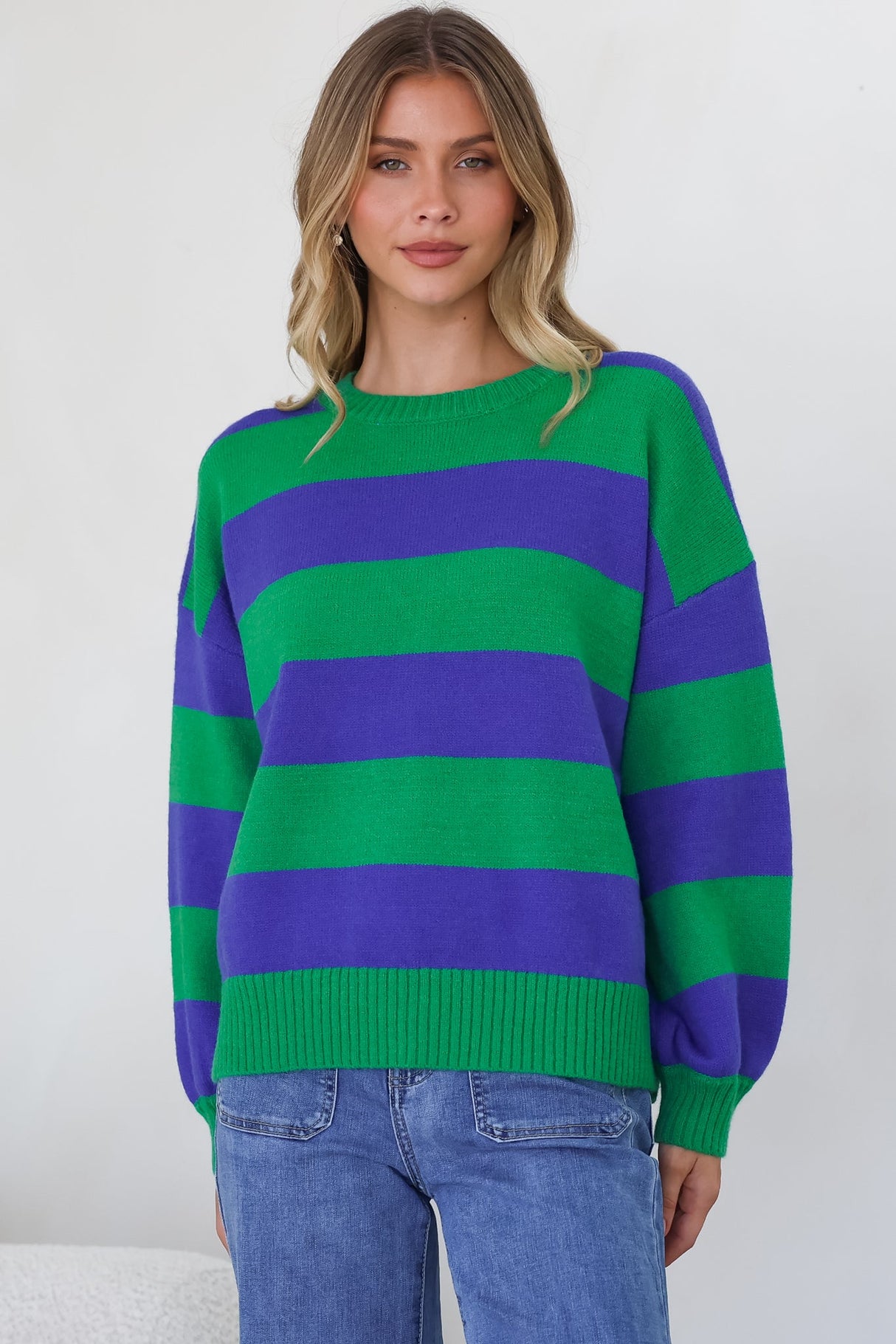 Atlantic Jumper - Crew Neck Relaxed Stripe Knit with Ribbed Hemlines in Green