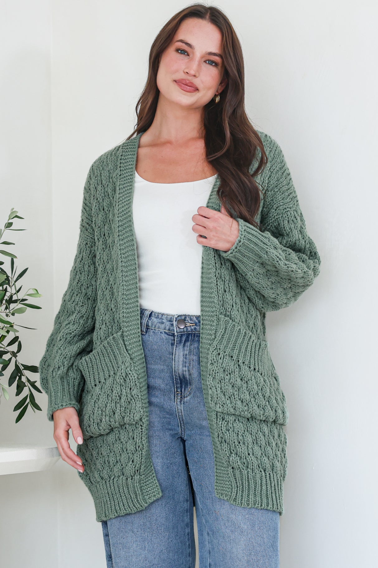 Attlee Cardigan - Chunky Open Cable Knit with Pockets and Rib Knit Trim in Sage