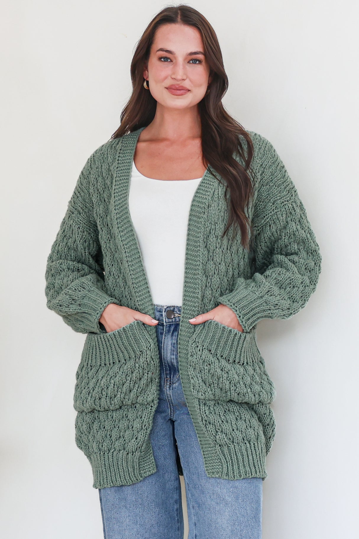 Attlee Cardigan - Chunky Open Cable Knit with Pockets and Rib Knit Trim in Sage