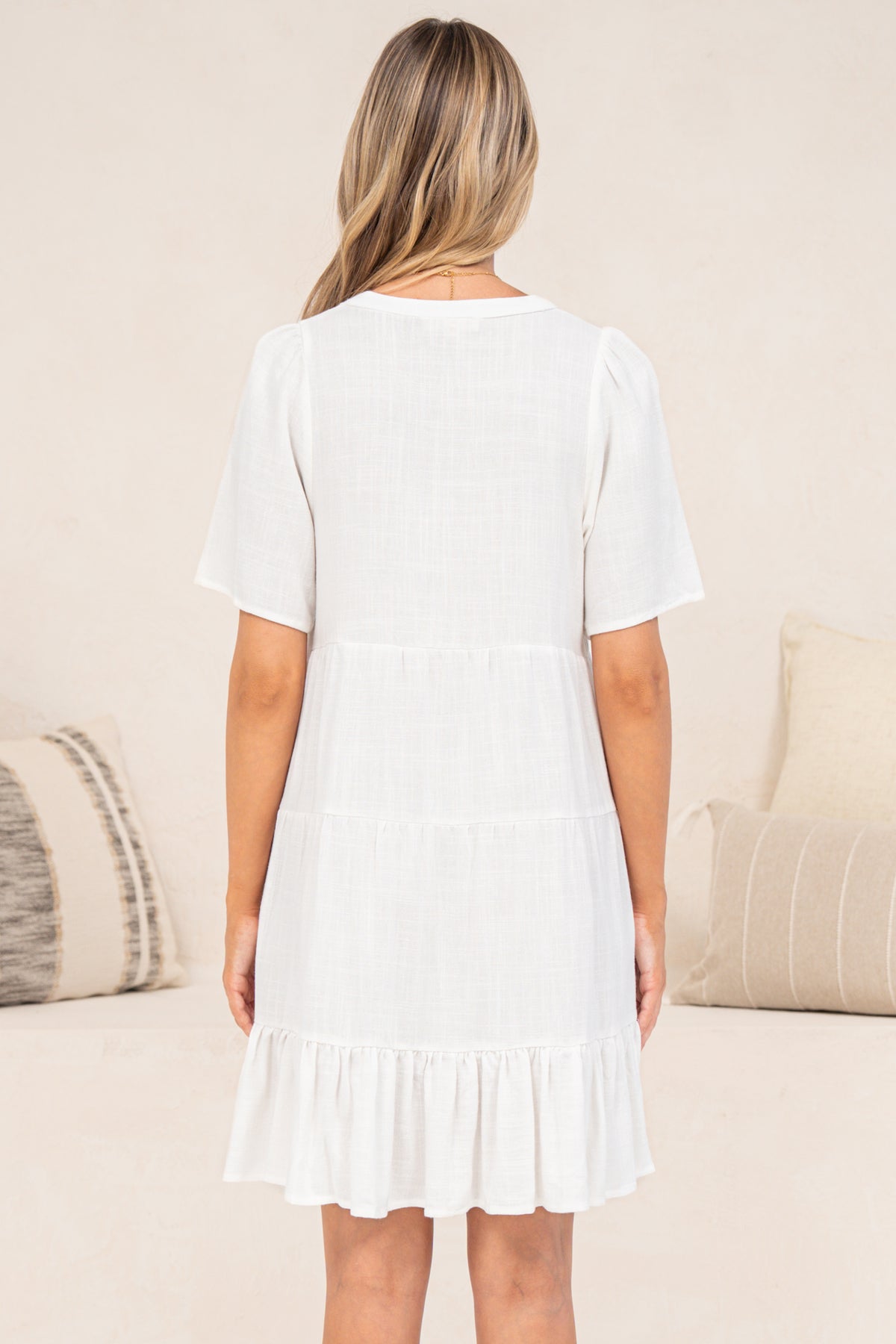 Atrina Mini Dress - Split V-Neck Tiered Dress with Short Sleeves in White