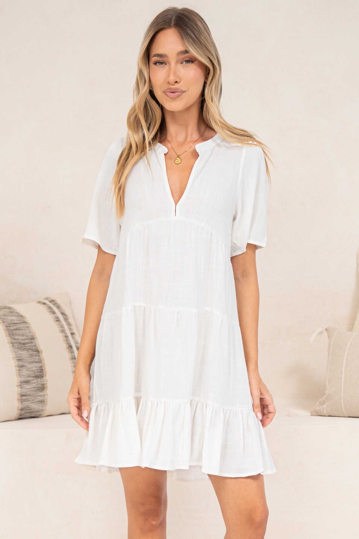 Atrina Mini Dress - Split V-Neck Tiered Dress with Short Sleeves in White