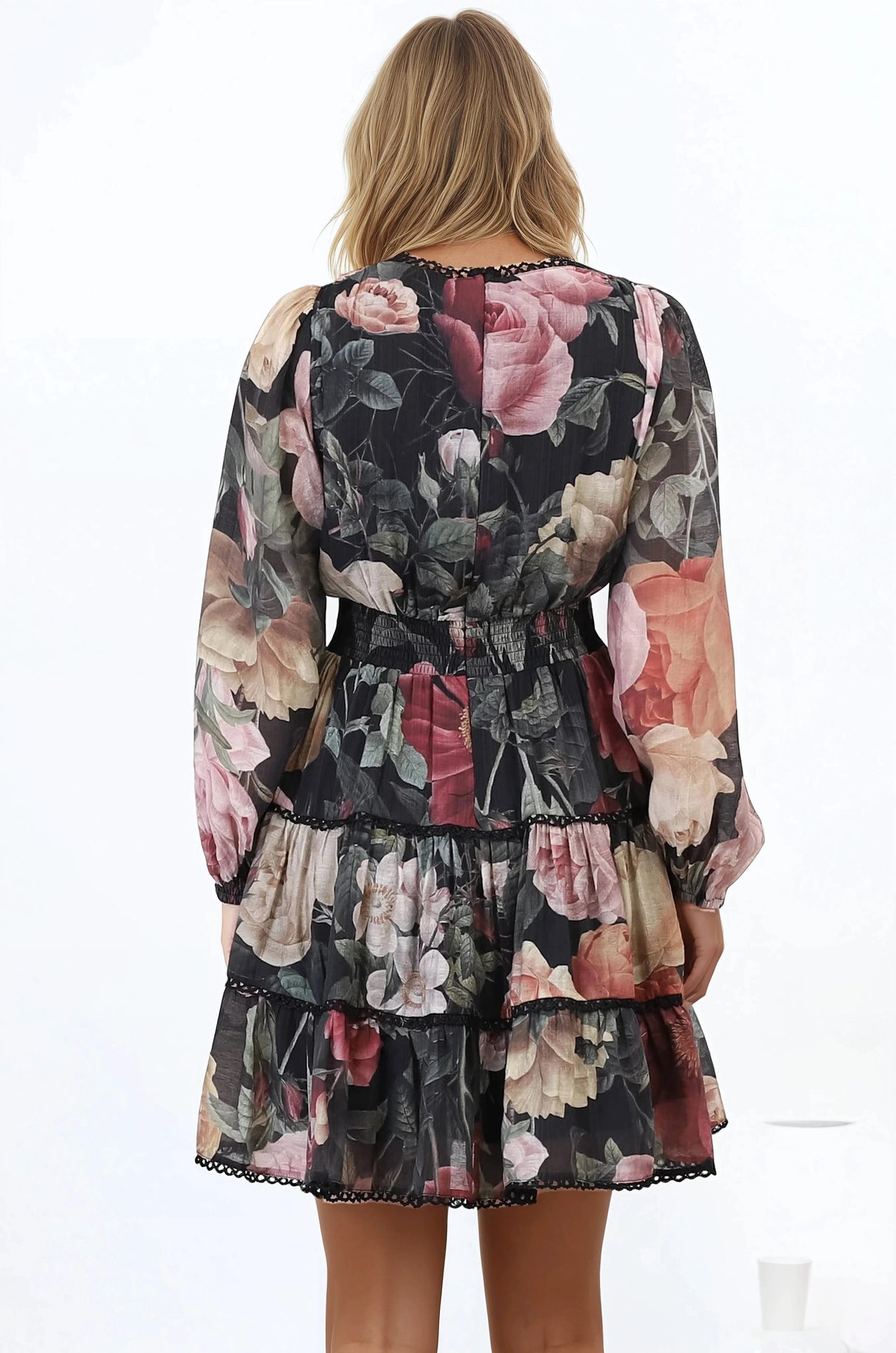 Audrey Mini Dress - Delicately Detailed Tiered A-Line Dress in Bortie Print Black