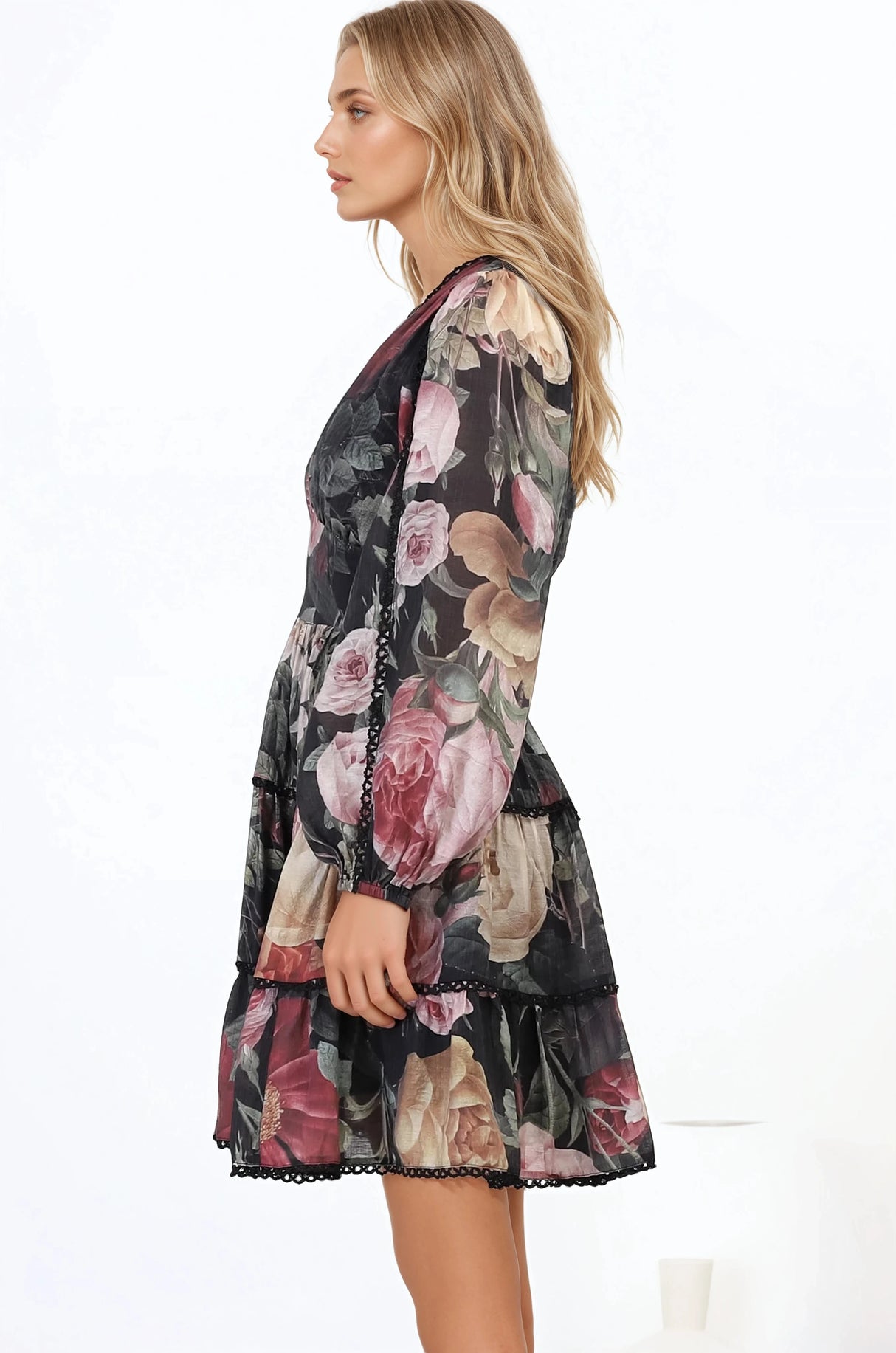 Audrey Mini Dress - Delicately Detailed Tiered A-Line Dress in Bortie Print Black