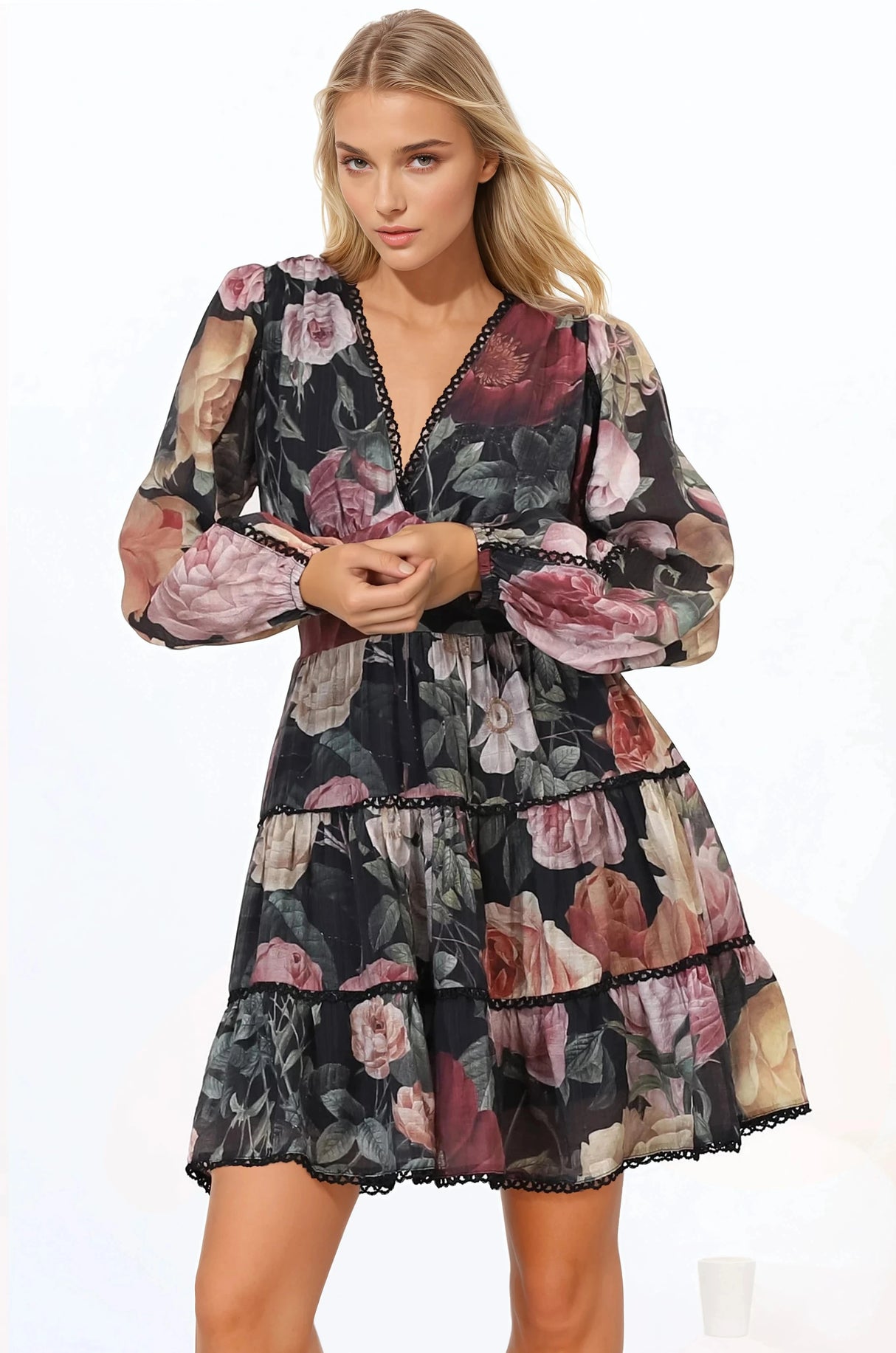 Audrey Mini Dress - Delicately Detailed Tiered A-Line Dress in Bortie Print Black