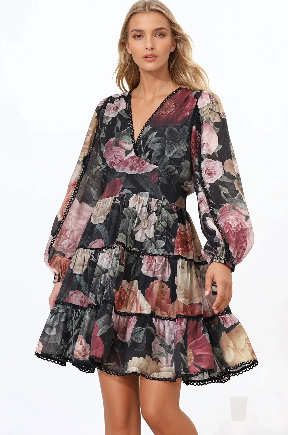 Audrey Mini Dress - Delicately Detailed Tiered A-Line Dress in Bortie Print Black