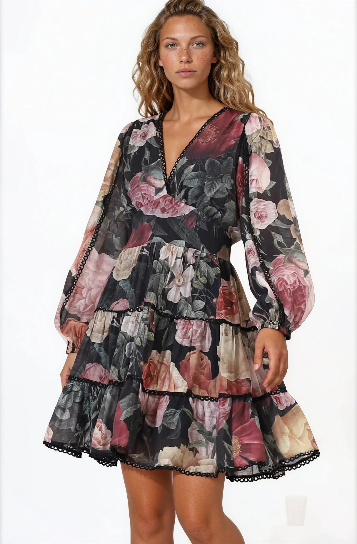 Woman wearing a floral dress on a white background