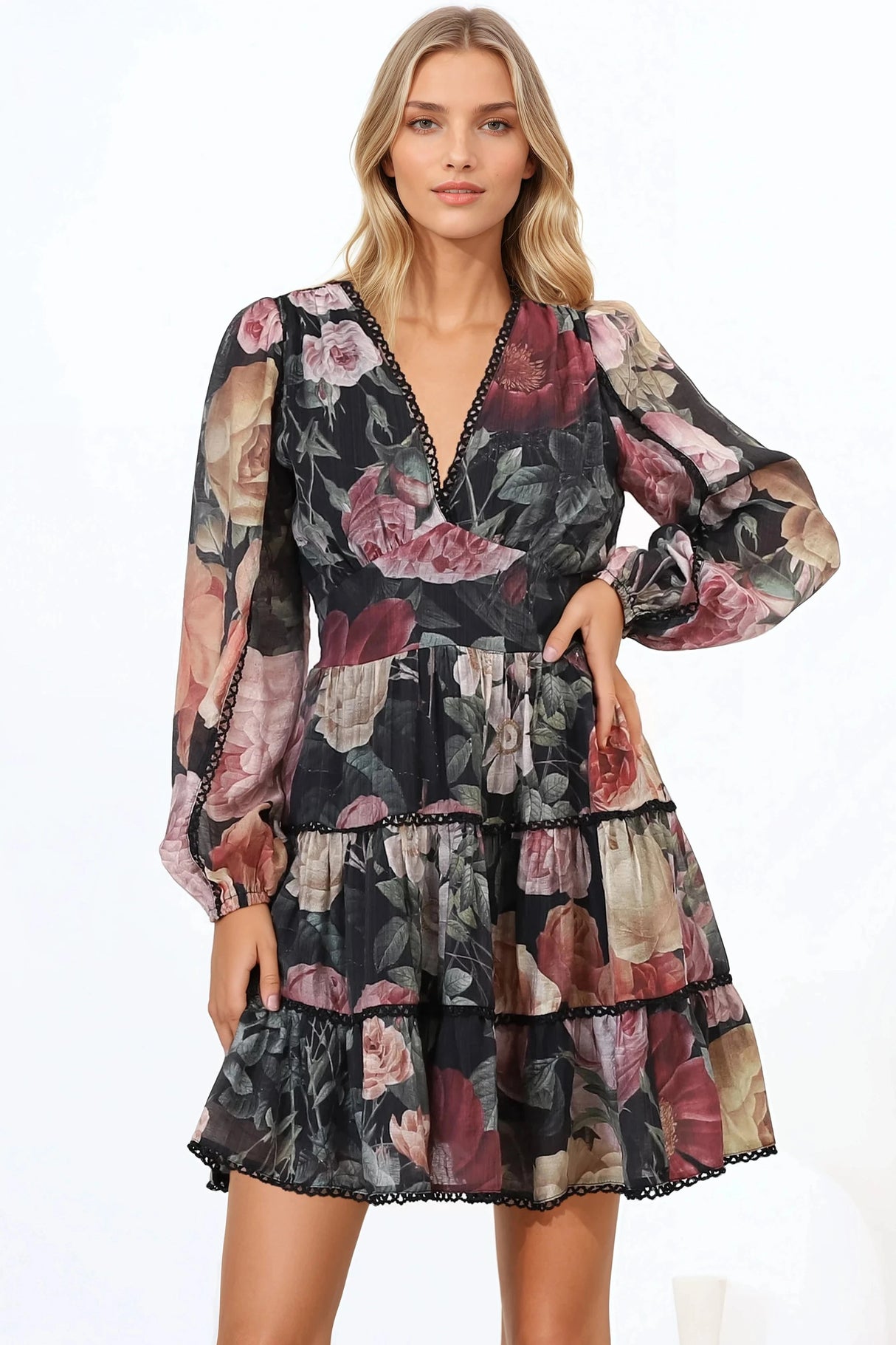 Audrey Mini Dress - Delicately Detailed Tiered A-Line Dress in Bortie Print Black