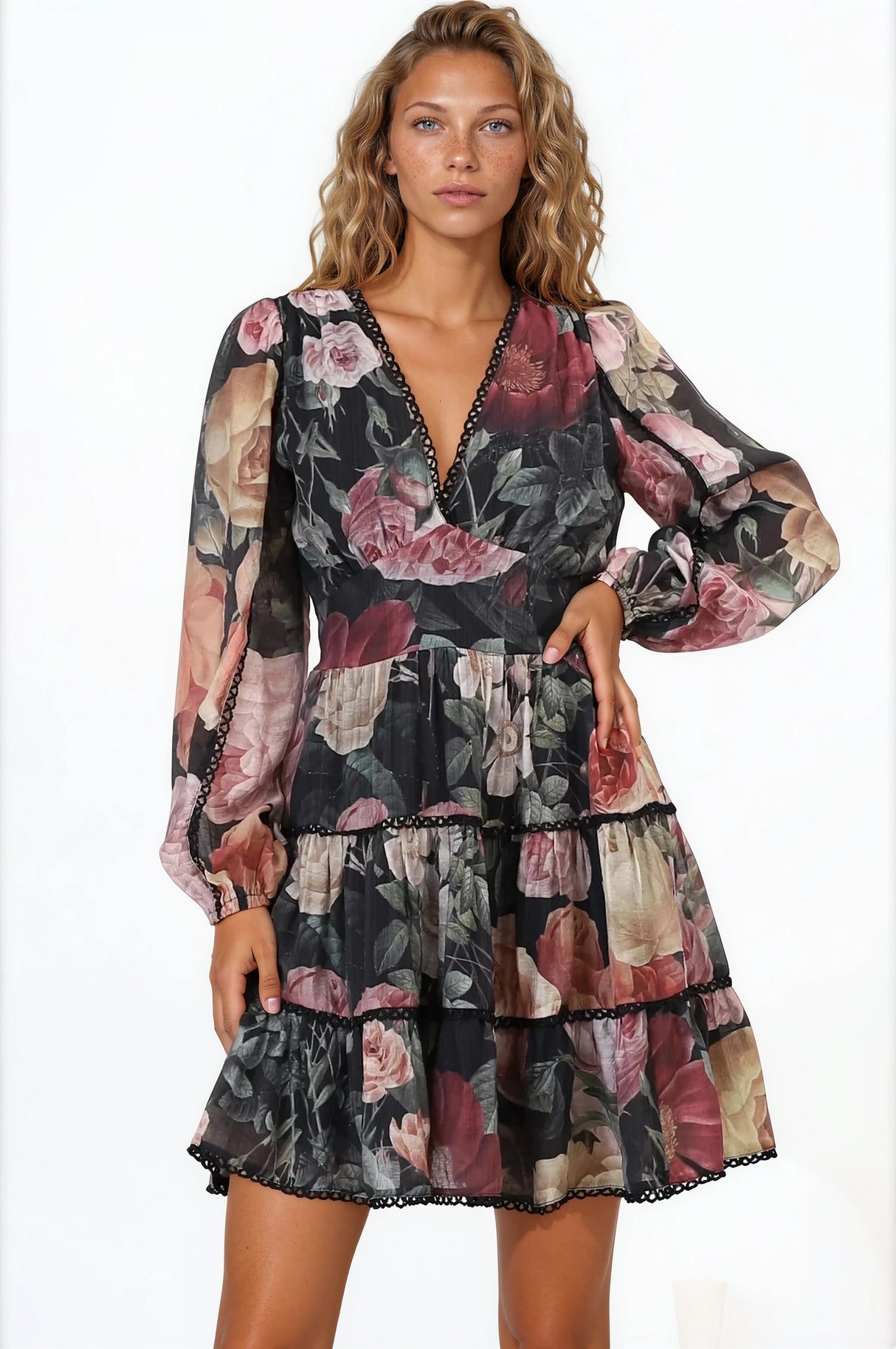 Woman wearing a floral dress with long sleeves on a white background