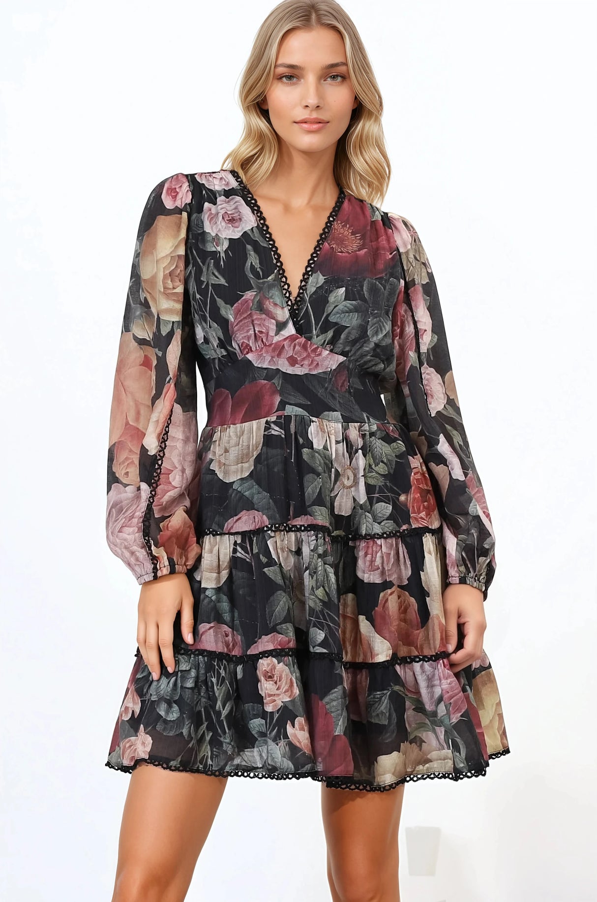 Audrey Mini Dress - Delicately Detailed Tiered A-Line Dress in Bortie Print Black