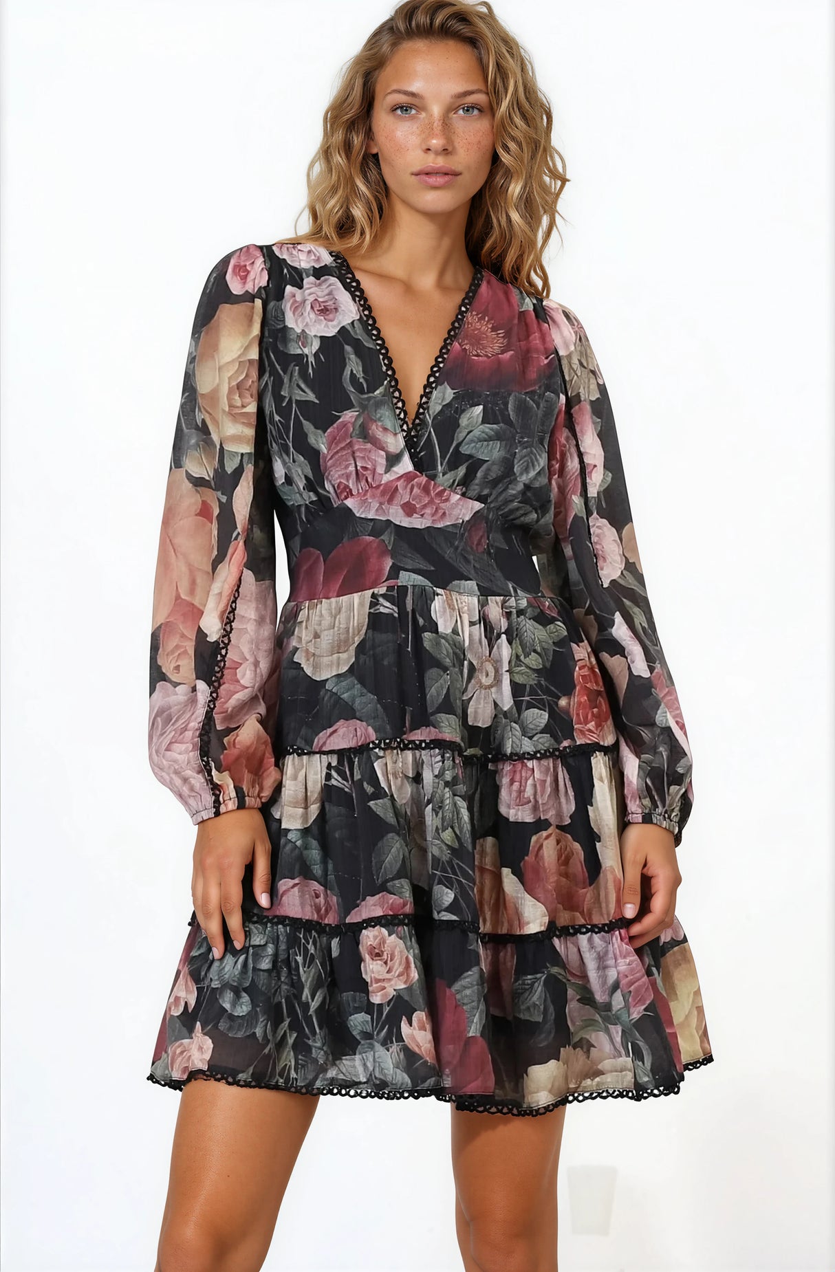 Woman wearing a floral dress on a white background