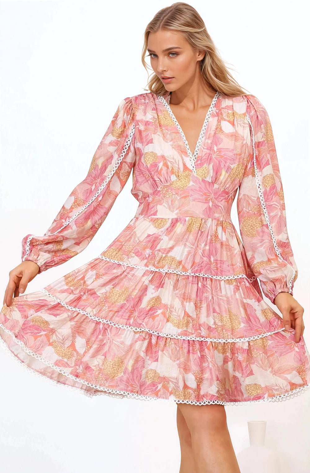 Audrey Mini Dress - Delicately Detailed Tiered A-Line Dress in Lola Print Pink