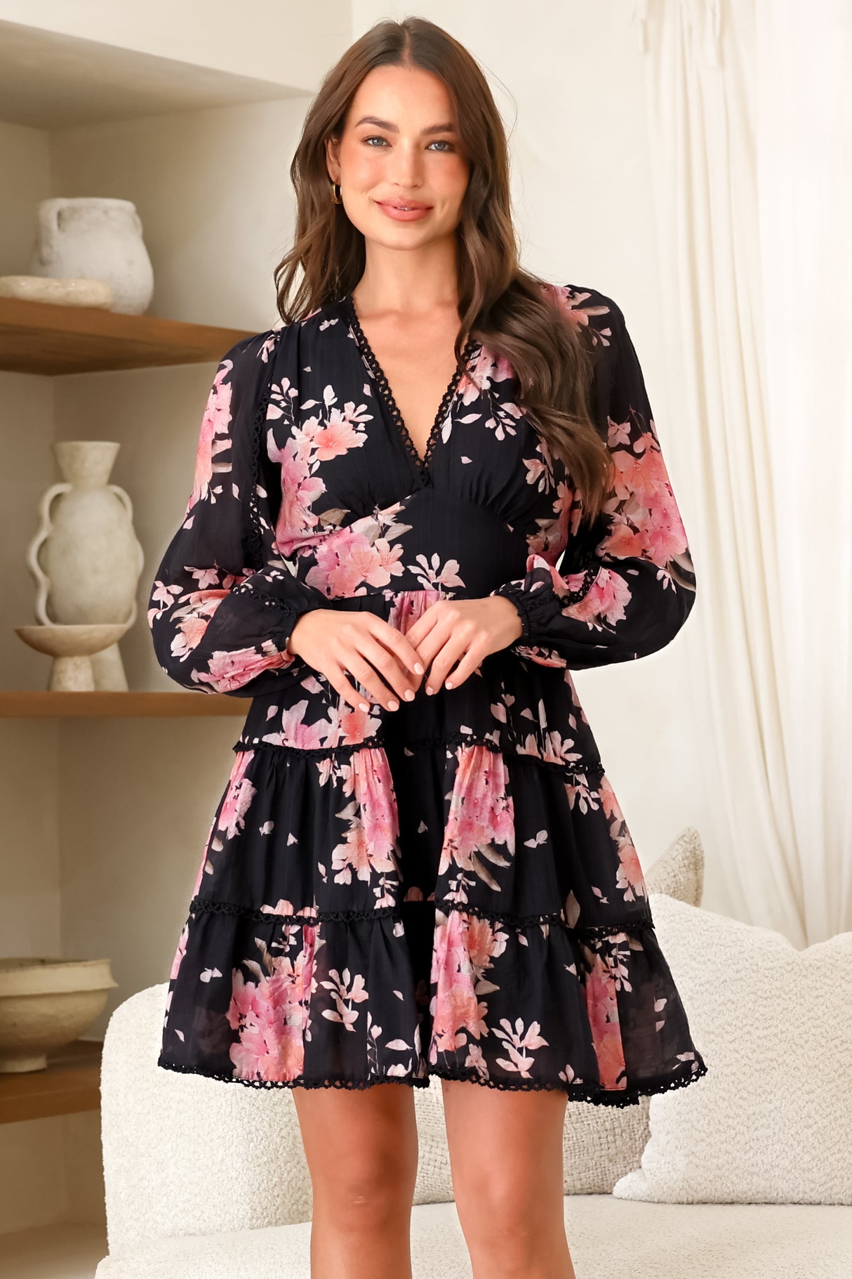 Audrey Mini Dress - Delicately Detailed Tiered A-Line Dress in Odessa Print