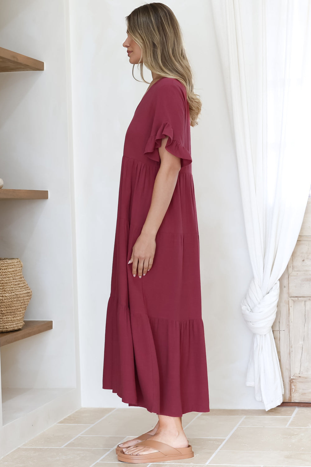 Audrina Midi Dress -  V-Neck Tiered Linen Dress with Pockets in Burgundy