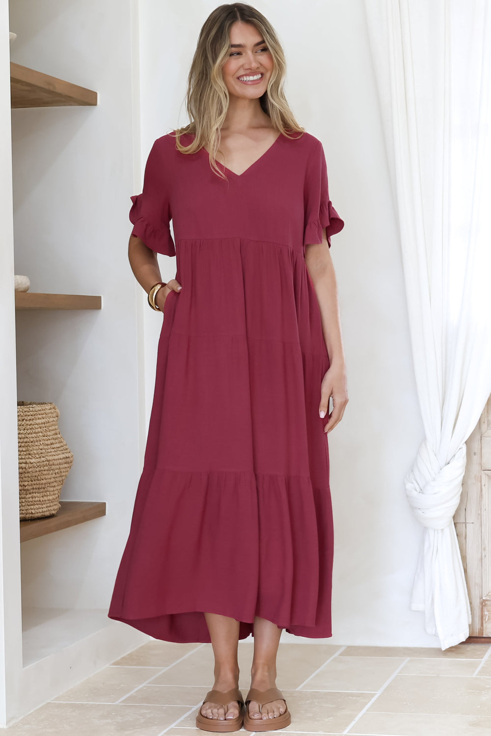 Audrina Midi Dress -  V-Neck Tiered Linen Dress with Pockets in Burgundy