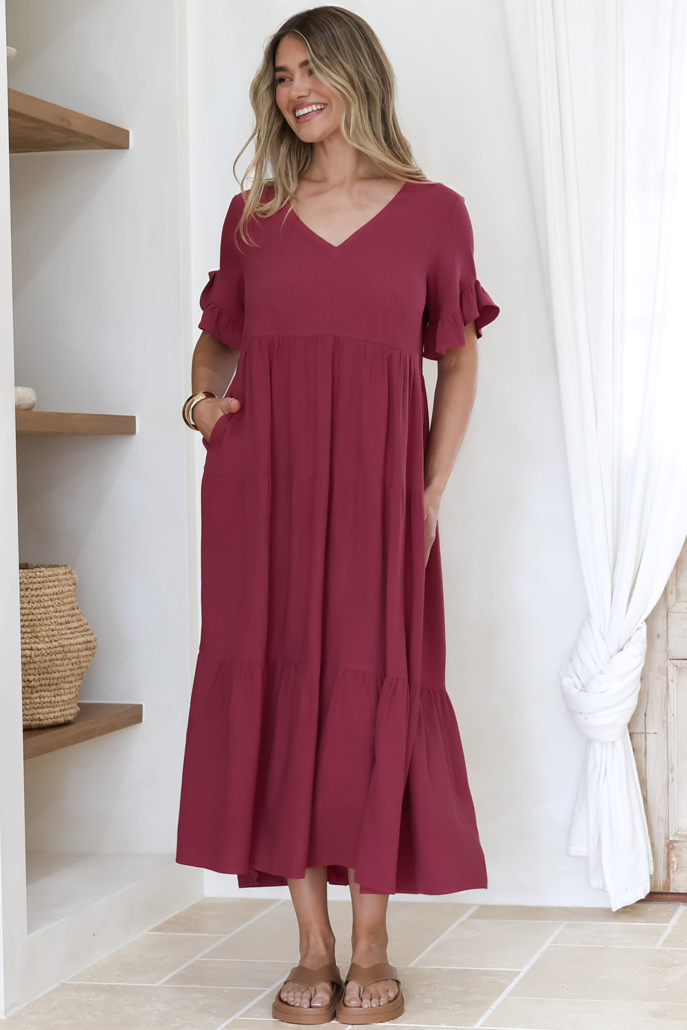 Audrina Midi Dress -  V-Neck Tiered Linen Dress with Pockets in Burgundy