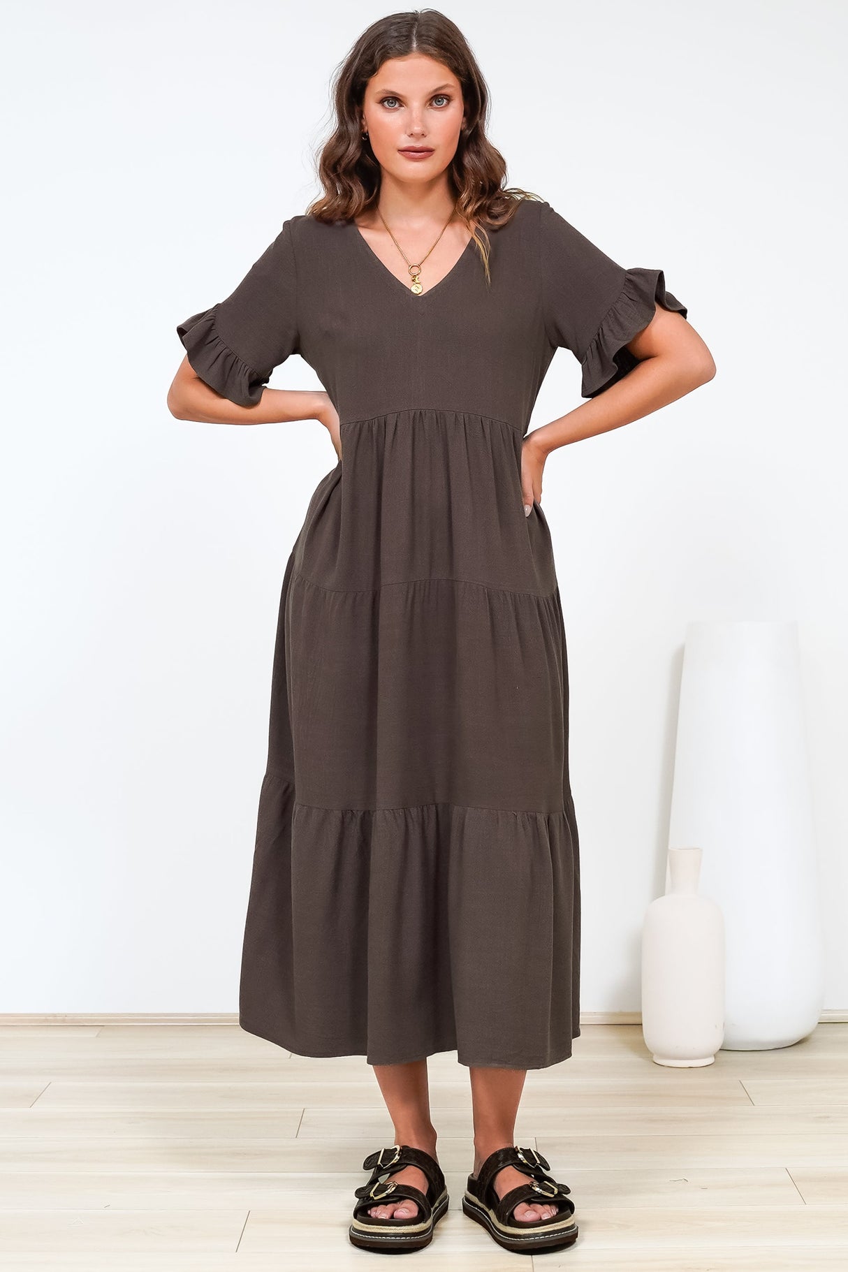 Audrina Midi Dress - V-Neck Tiered Linen Dress with Pockets in Chocolate