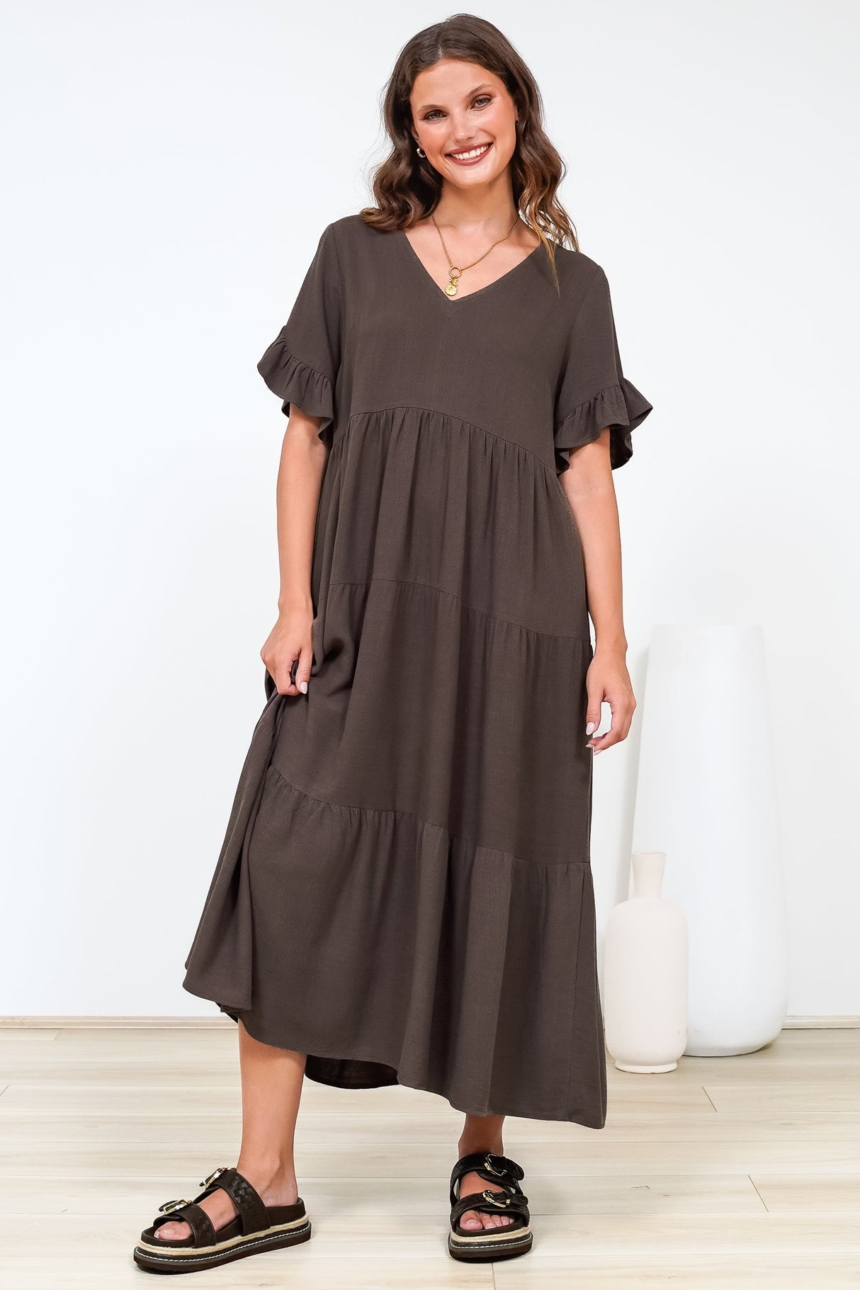 Audrina Midi Dress - V-Neck Tiered Linen Dress with Pockets in Chocolate