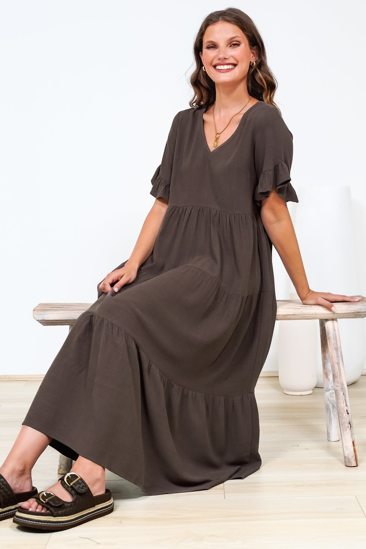 Audrina Midi Dress - V-Neck Tiered Linen Dress with Pockets in Chocolate