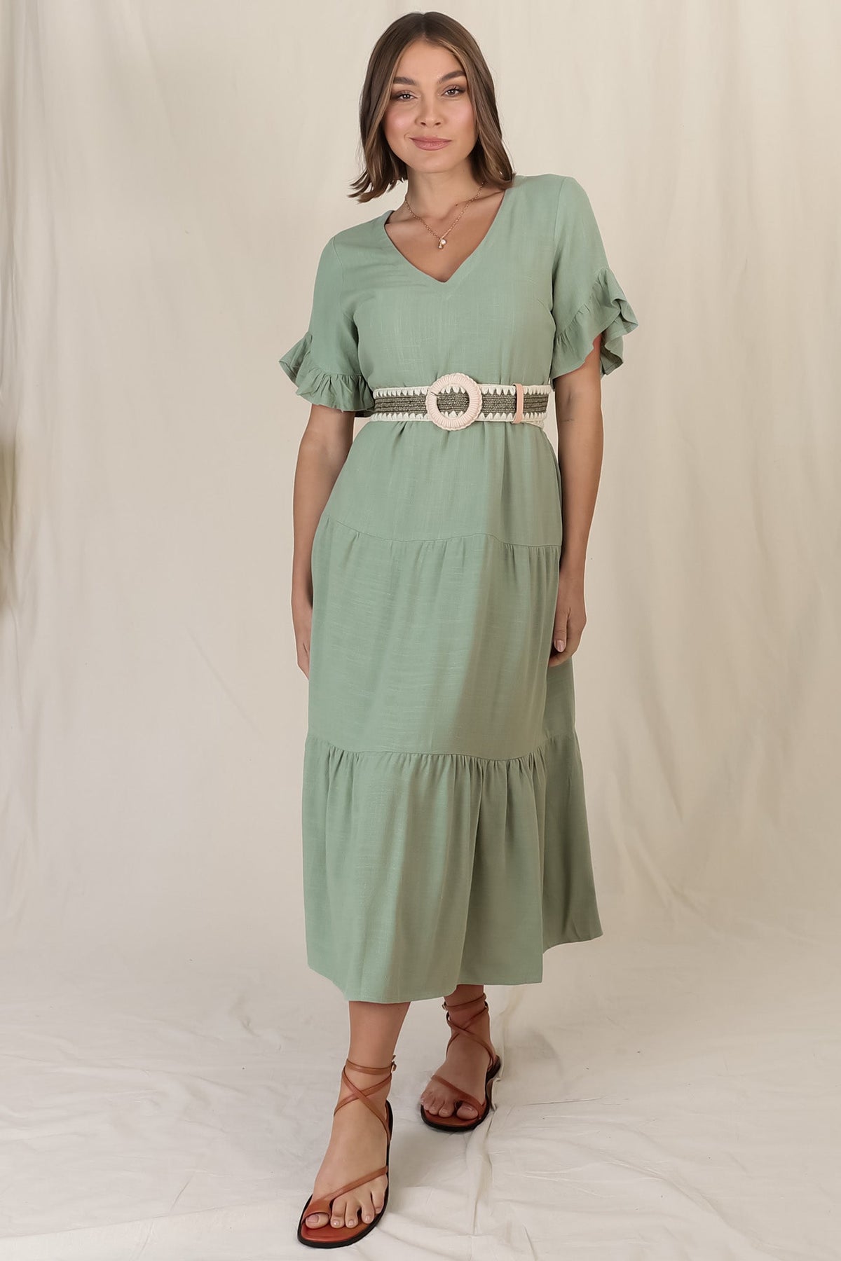 Audrina Midi Dress - Pull Over V Neck Tiered Dress with Pockets in Sage