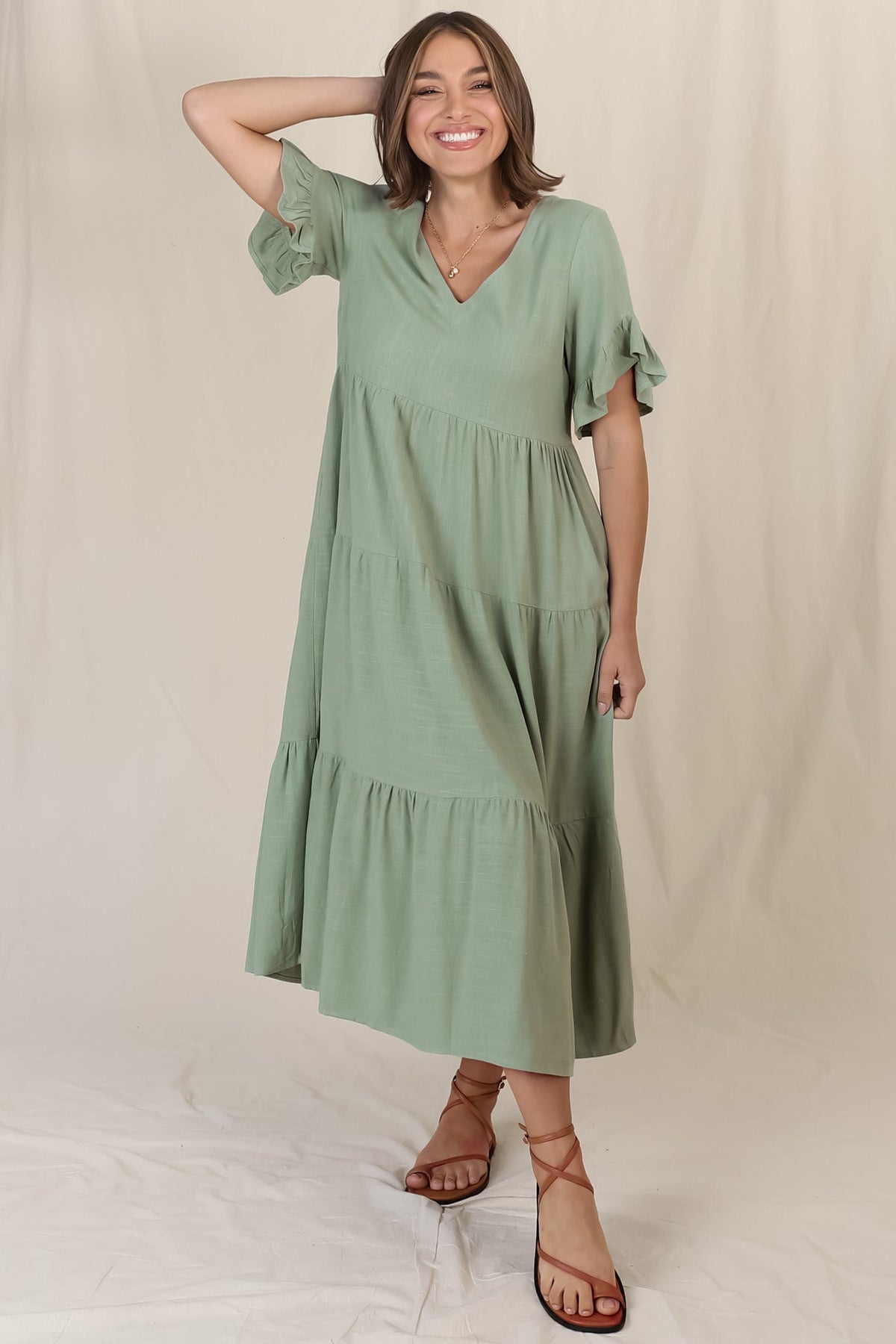 Audrina Midi Dress - Pull Over V Neck Tiered Dress with Pockets in Sage