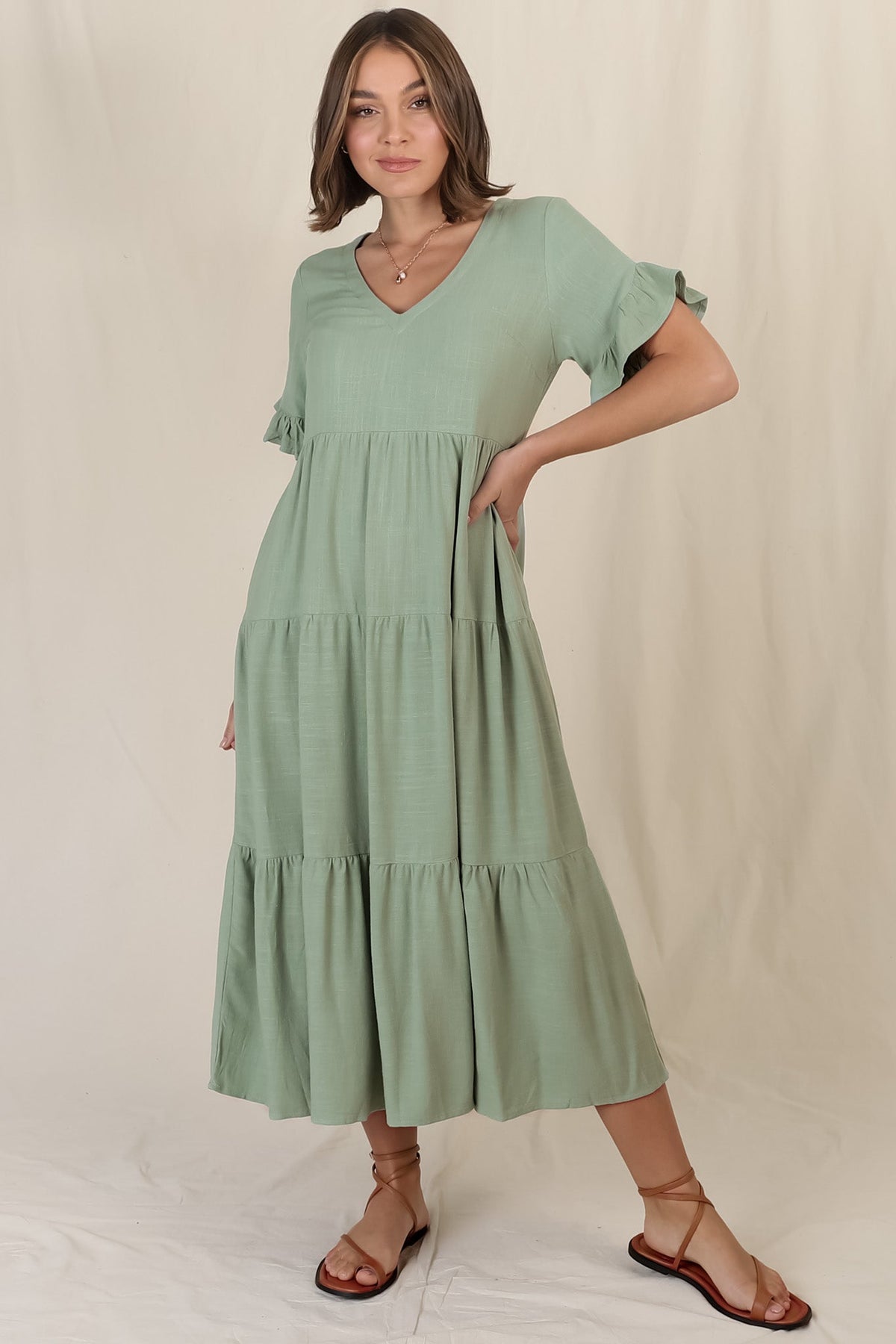 Audrina Midi Dress - Pull Over V Neck Tiered Dress with Pockets in Sage